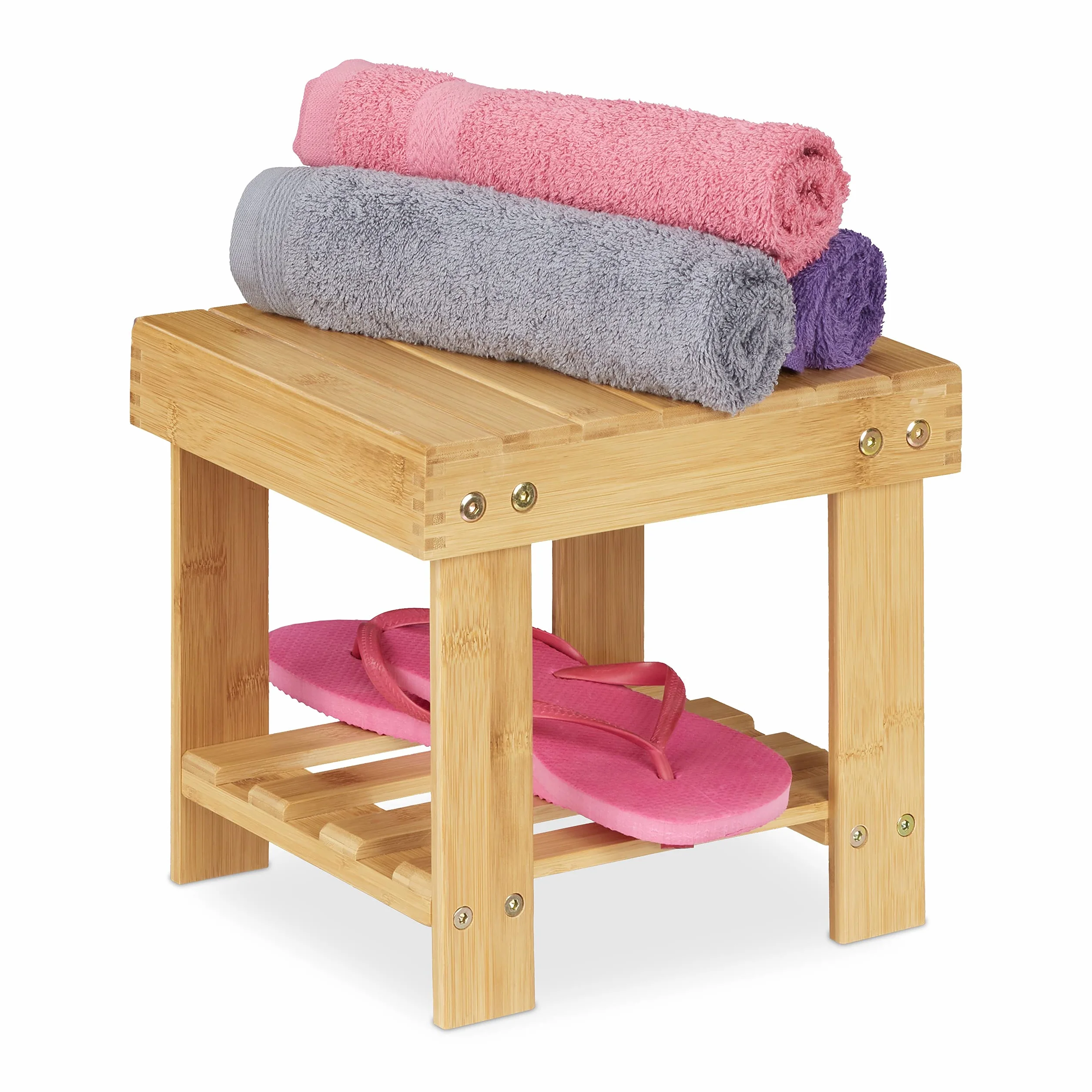 Relaxdays Fußbank Bambus, bis 100 kg, Stabiler Tritthocker, Kinderhocker Bad, Fußhocker, HxBxT: 24,5 x 25 x 27 cm, Natur