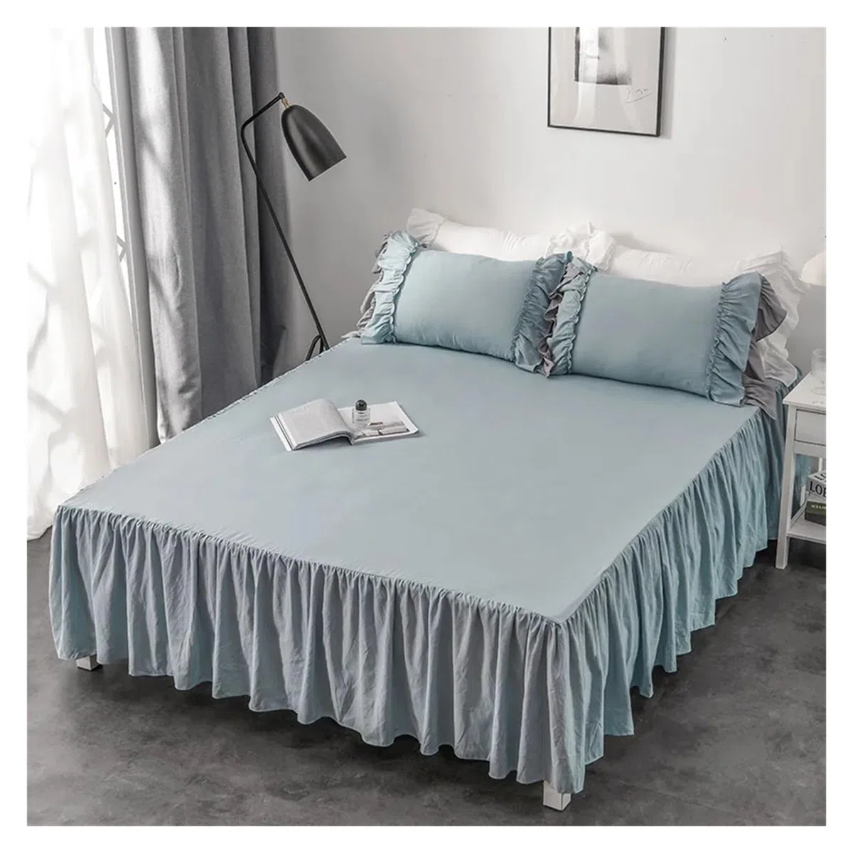 Bettrock Rüschen Eleganter Prinzessinnen-Bettrock, Rutschfester Matratzenbezug, gekräuselte Spitze, Bettlaken, Bettdecke, Schutz for Zuhause, Tagesdecke, Bettrock(Blue,1 pc Skirt 140x200cm)