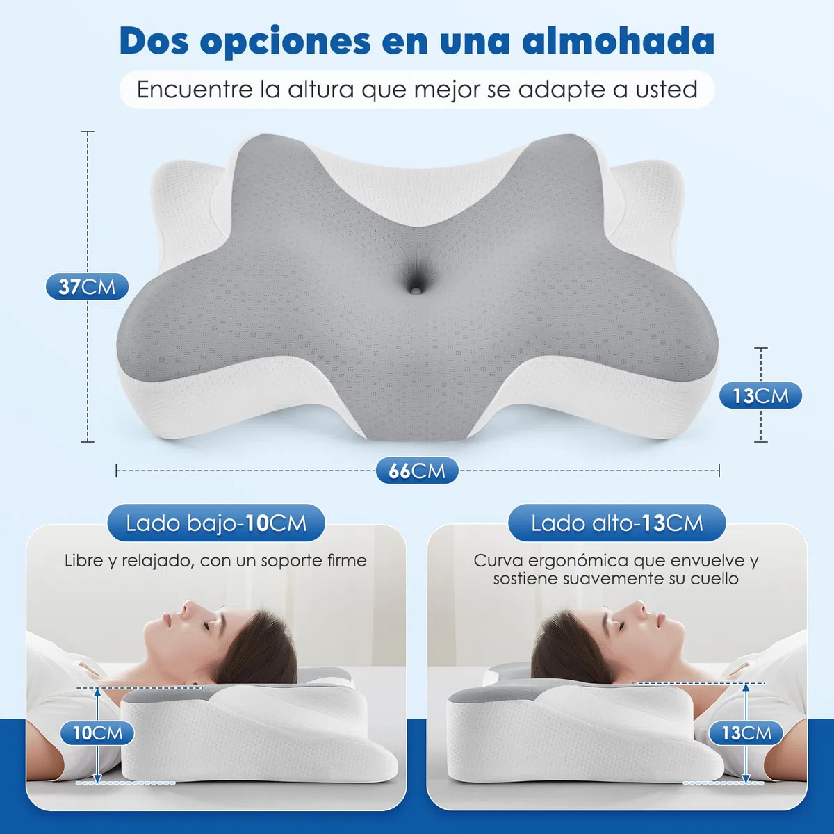 KOOTETA Ergo Nackenkissen Kopfkissen 2 in 1, Memory Foam Kissen, Optimale Nackenstütze, für Seiten, Rücken und Bauchschläfer, 66x37x13 cm, Grau