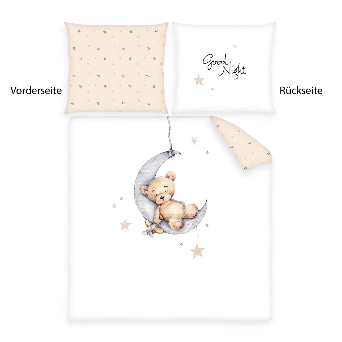 Herding Wiegenbettwäsche-Set Teddy Bär, Kopfkissenbezug 35 x 40 cm mit Hoteleinschlag, Bettbezug 80 x 80 cm mit Hoteleinschlag, Baumwolle/Renforcé, Weiß, Twin