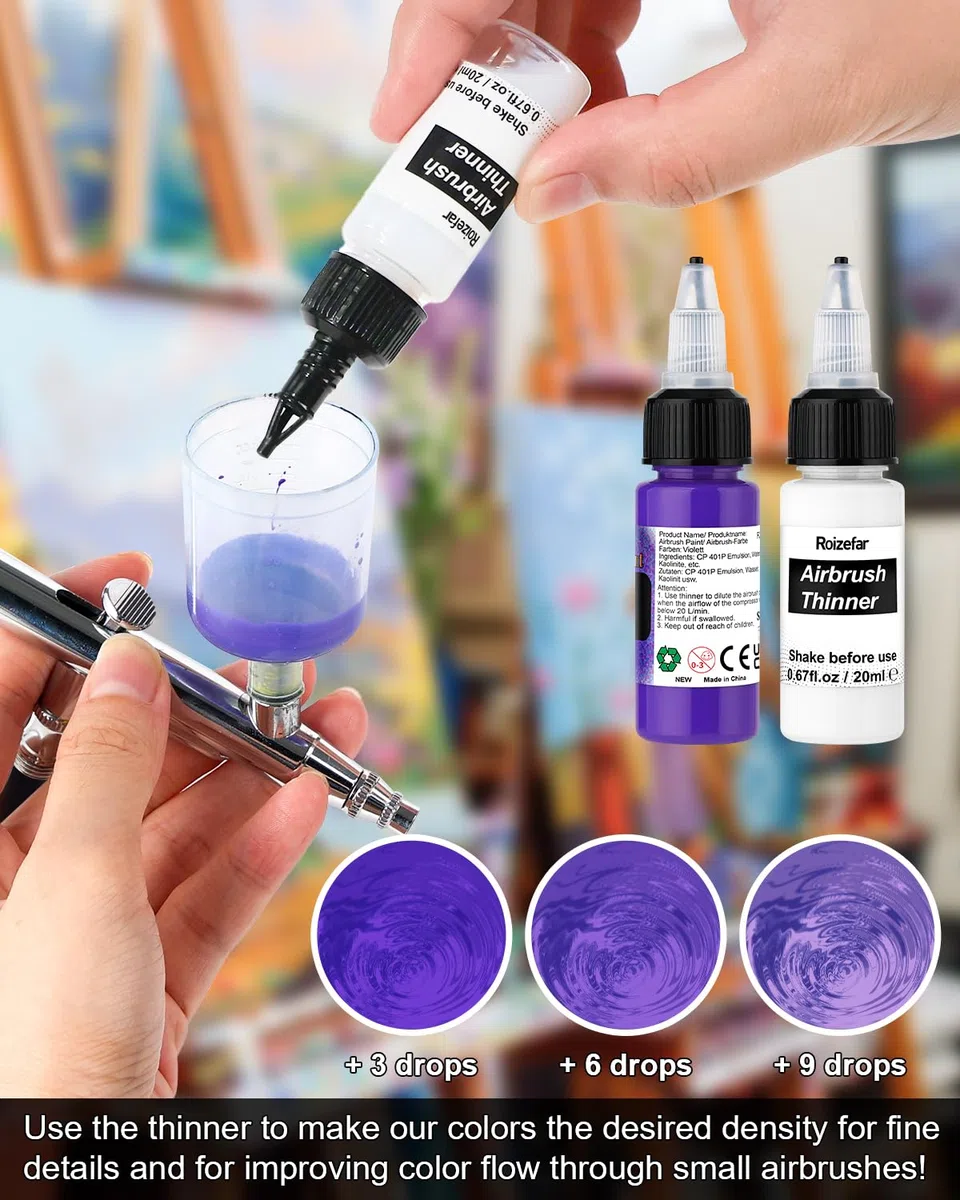 Roizefar Airbrush Farben, Air brush Paint Set 18 Acrylfarben+2 Airbrush Verdünner Kombinat Airbrush-Set für DIY, Aquarell, Ölmalerei usw. Schnelltrocknend, undurchsichtig Neon Farbe 20 ml/Dose