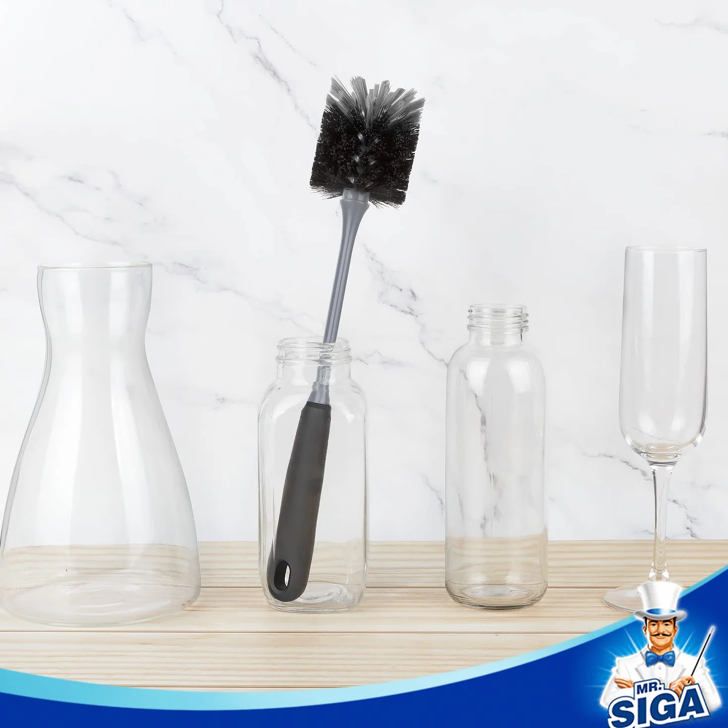 MR.SIGA Flaschenbürste mit langem Stiel, Flexible Bürste für Wasserflaschen, Glaswaren und Becher, Schwarz, 2er-Pack
