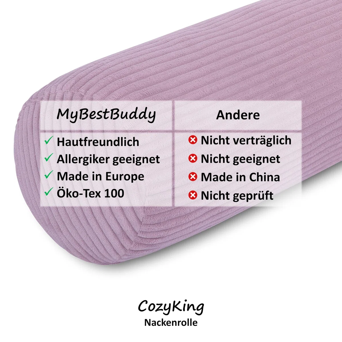Nackenrolle Cord Rosa Nackenkissen Öko-Tex 100 zertifiziert und 40°C waschbar - Nackenstütz-Kissen mit Bezug, rund für Auto, Flugzeug, auf Reisen oder zum Lesen und Relaxen zu Hause - 15x40 cm