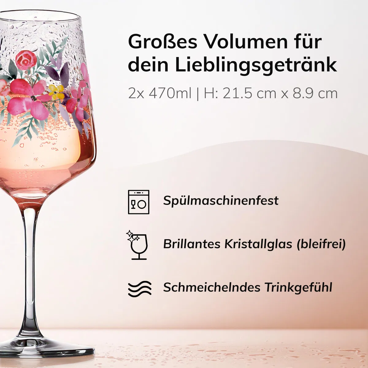 ElbFuchs® Aperitifgläser (4x470 ml) Serie Rosé Garden [GESCHENKIDEE] Spülmaschinenfest & robust, Bunte Wein- und Cocktailgläser beliebt für Spritz-Getränke, Hugo, Negroni, Limoncello, u.v.m.