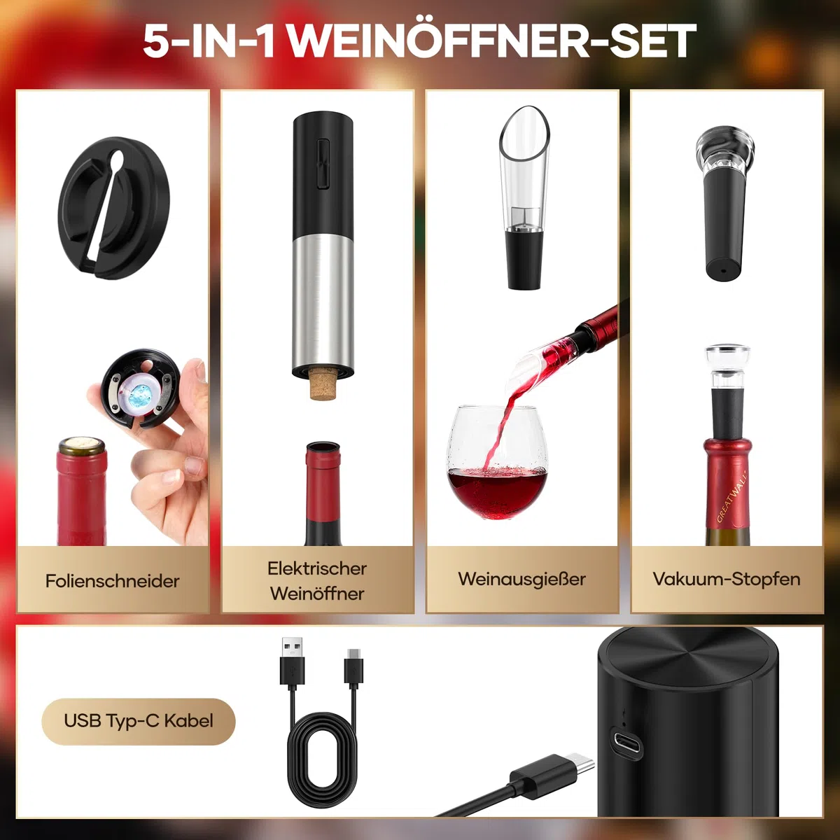 Korkenzieher Elektrisch, Assark Weinflaschenöffner Set, Automatischer Flaschenöffner, Geschenkidee Weinflaschenöffner, Korkenzieher Wein mit Folienschneider, USB-Kabel, Vakuumstopfen und Weinausgießer