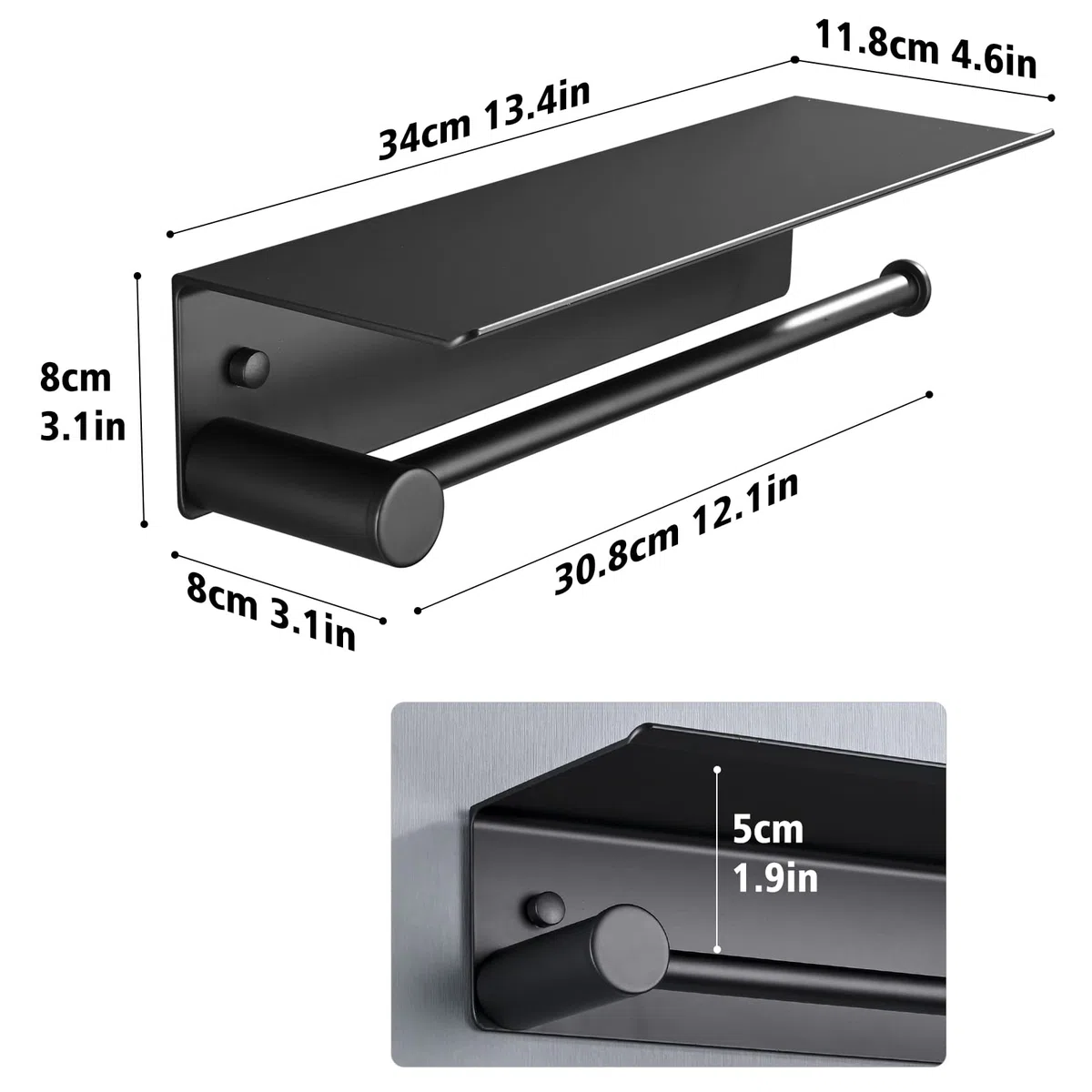 Küchenrollenhalter Wandmontage, Küchenpapierhalter Ohne Bohren für Küchenkrepp Papierrollenhalter, Aluminium Rollenhalter Küche mit Aufbewahrung Geräumigen Regal, Küchenrollenhalter Schwarz