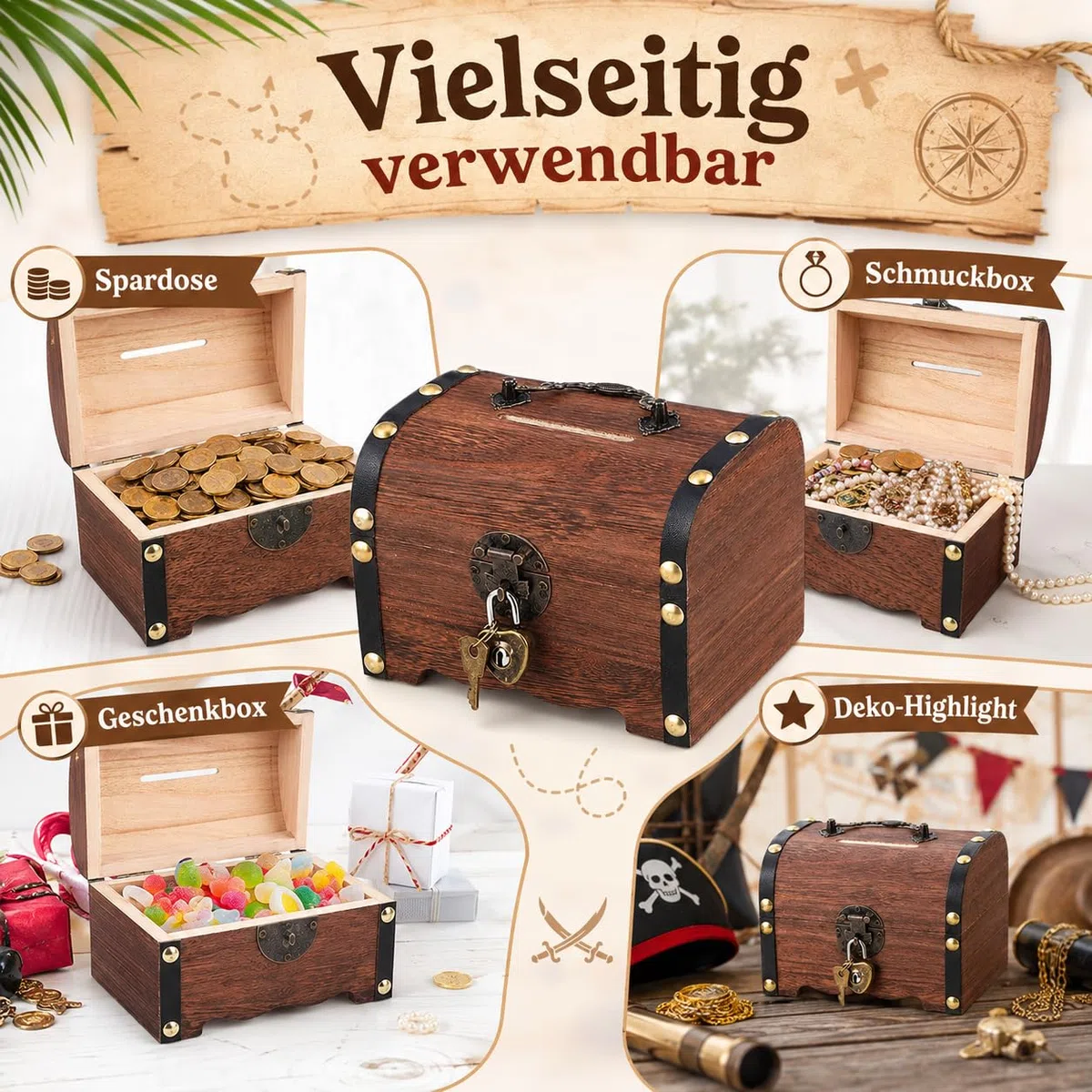 Schatztruhe Holz, Schatzkiste Kindergeburtstag, Schatztruhe Kindergeburtstag, Schatzkiste mit Schloss und Schlüssel, für Aufbewahren, Kindergeschenk(17.5 x 13 x 12.5 cm)