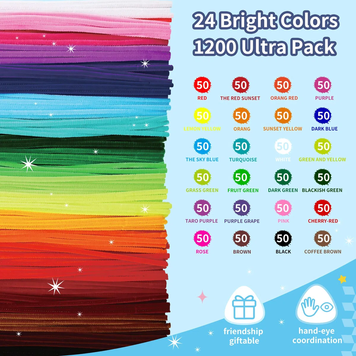 1200 Stück Pfeifenputzer zum Basteln, 24 Farben Chenille-Stiele, Pipe Cleaner für Erwachsene & Anfänger, Raumdeko, kreative Schulprojekte, Partydeko, Weihnachtsbasteleien (30.5cm X 6mm)