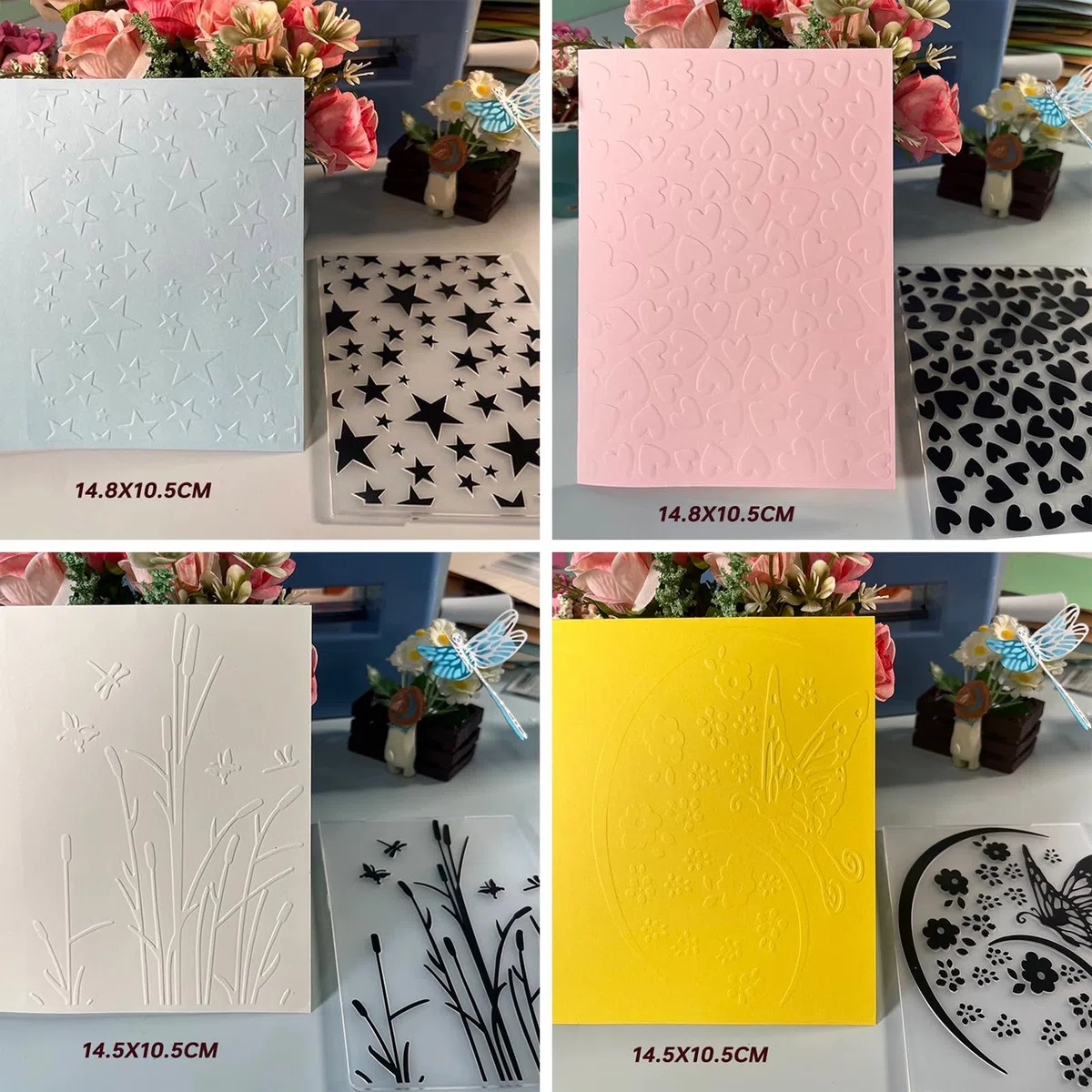 12 Stücke Prägeschablone, Kunststoffschablone, Bastelkarte, Kunststoff Prägeschablonen für Kartenherstellung, Fotoalbum, Scrapbook-Dekoration, Rosen-Schmetterling (14.5 x 10.5 cm)