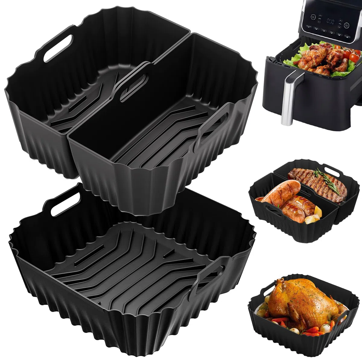 3 Stück Airfryer Silikonform Heißluftfritteuse, Airfryer Zubehör für Cosori, Philips, Tefal, Ninja, Russell Hobbs, Heissluftfritteuse Zubehör Wiederverwendbar anstelle Backpapier