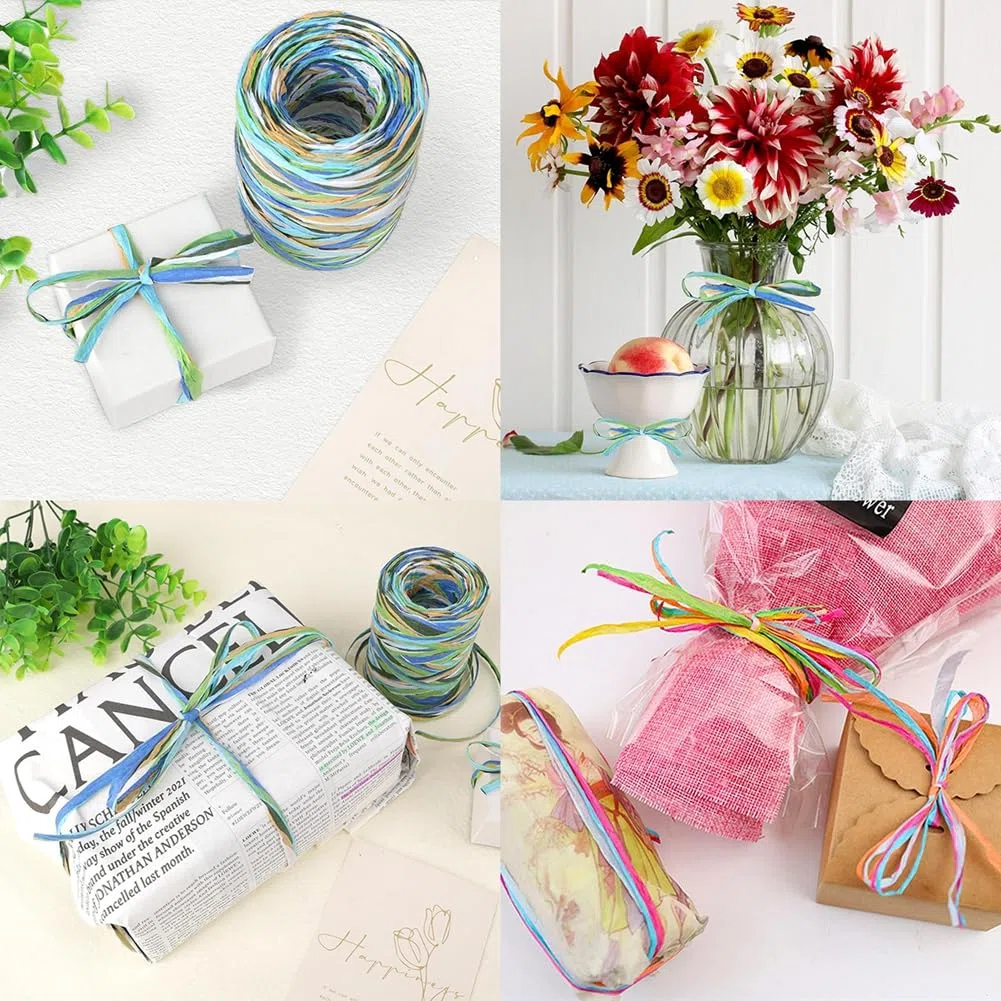 200 m Bastband Bunt Papierbänder Raffia Paper Schnur Geschenkband Papier Bindfäden Häkeln Bast Band für DIY Basteln Geschenkverpackung Weben Weihnachten Dekoration Mischfarben 2