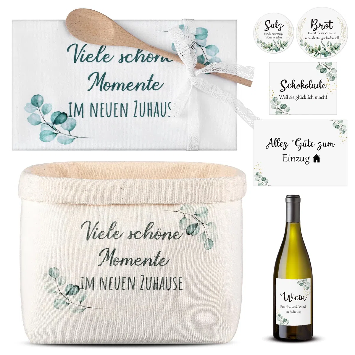 Sinmoe Geschenk zum Einzug Einzugsgeschenke Haus Brotkorb Brot Salz Wein Aufkleber Geschirrtuch Kochlöffel Einweihungsgeschenk zum Wohnung Richtfest(Eukalyptus,Viele schöne Momente im neuen Zuhause)