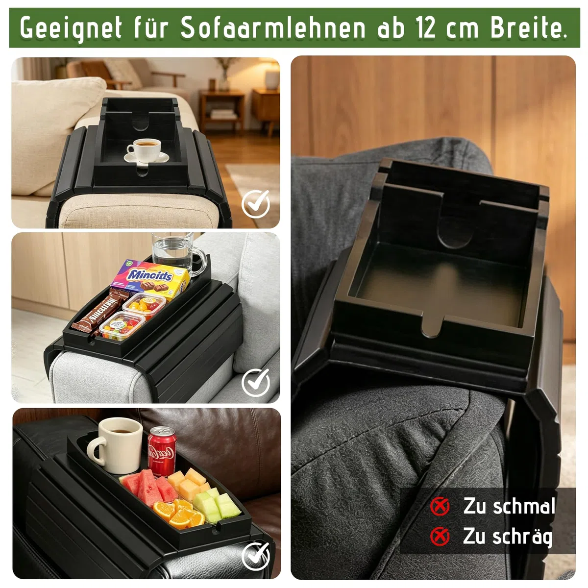 Sofatablett Armlehne, 44x34 cm 3-in-1 magnetisches abnehmbares Couch-Armlehnentablett, Sofa Tablett, Sofa Ablage mit Anti-Rutsch-Pad für Snacks/Handy/Control/Tassen (schwarz)
