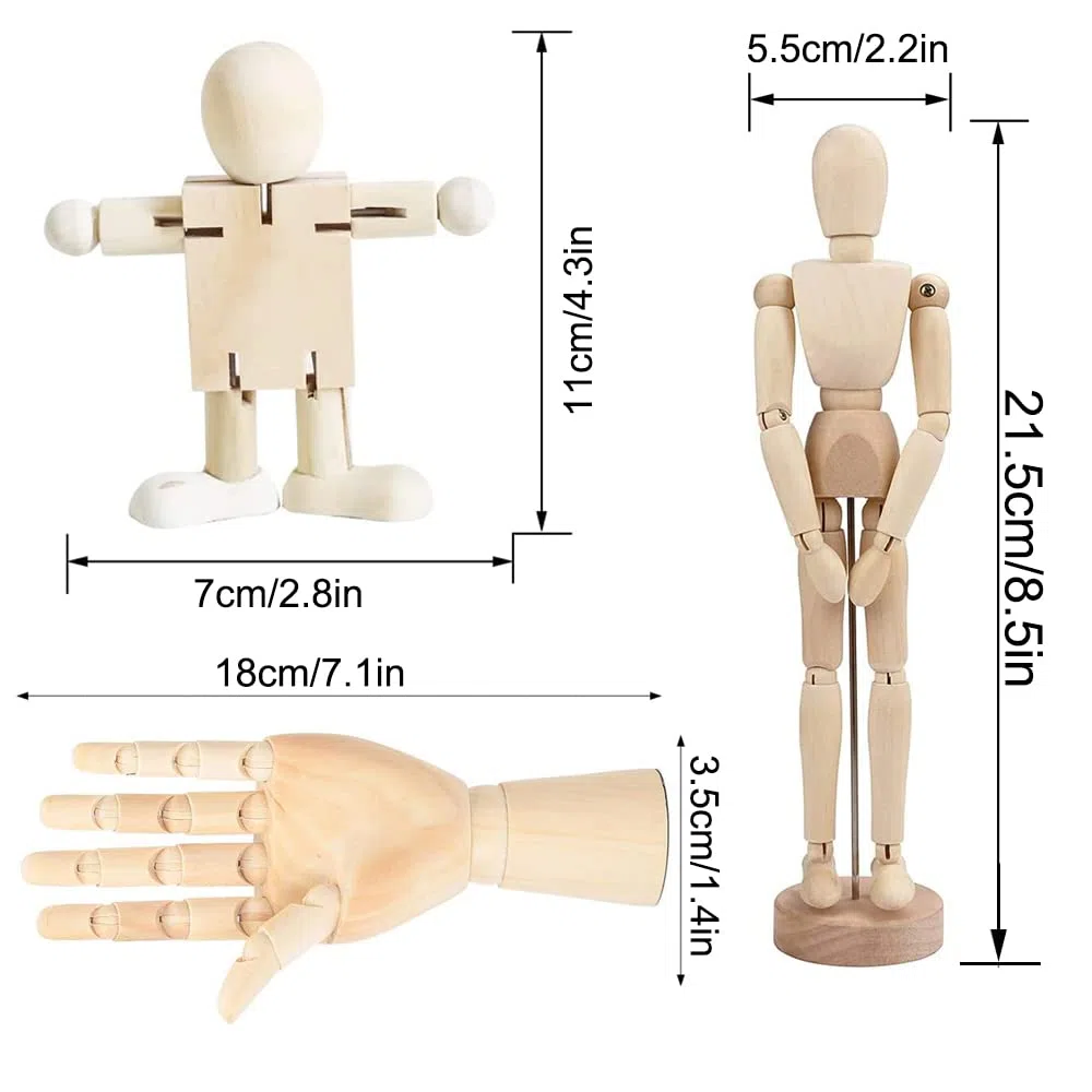 3 Stück Bewegliche Modellpuppe, Holz Figuren, DIY Holzfiguren, Holzpuppe Menschlicher, Linke Holzhand, Zeichnungsmodell Holzhand, für Skizze Dekoration, Handwerk Tischdeko (Einstellbar Form)