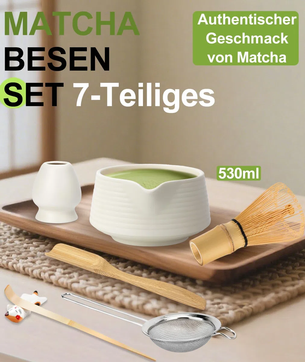 JBER Matcha Besen Set, Matcha Set 7-Teiliges - Bambus Matcha Whisk, Matcha Schale mit Auslauf, Matcha Besen Halter, Sieb, Löffel und Halter, Japanisches Matcha Zubehör für Matcha-Liebhaber, Beige Weiß