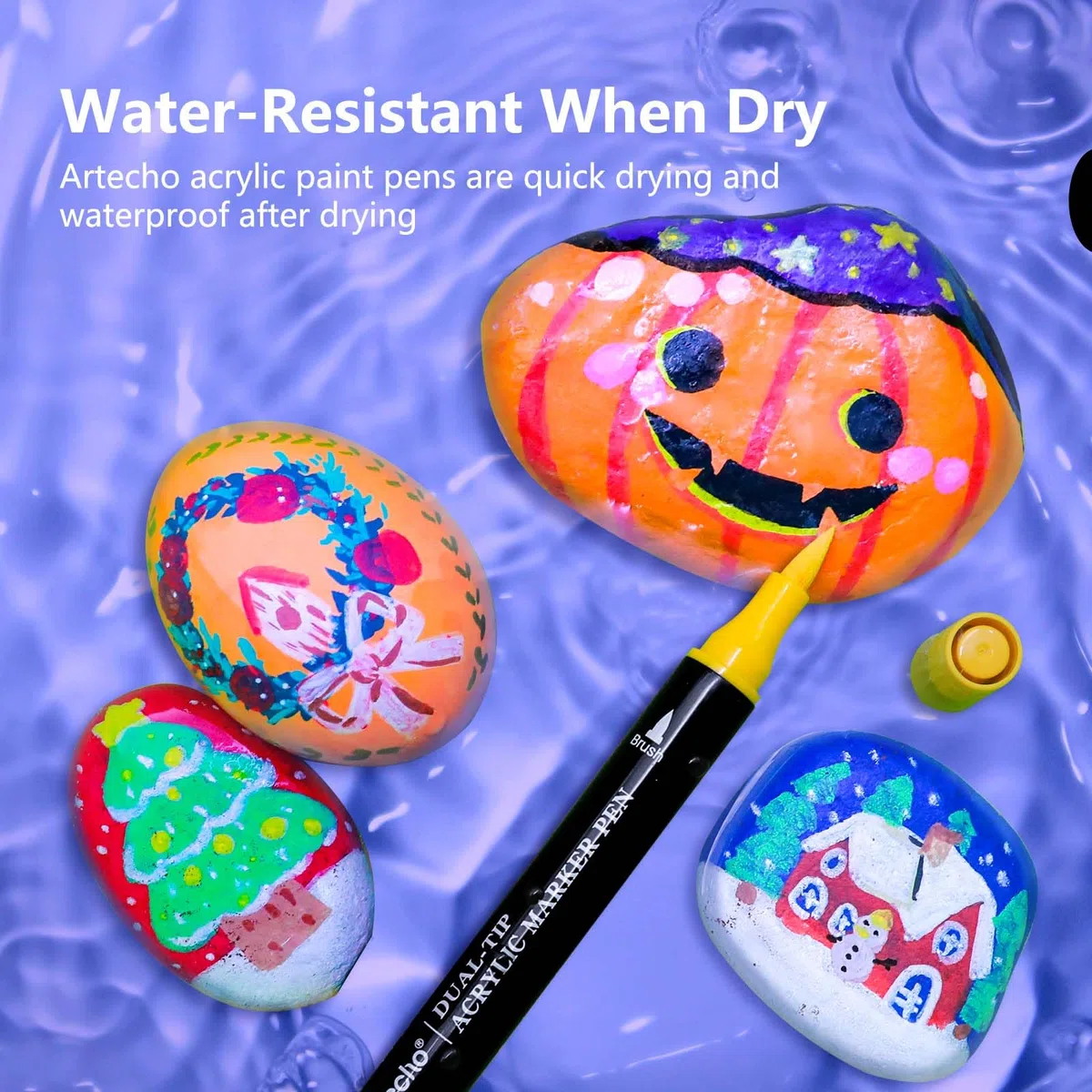 Artecho Acrylstifte 48 Farben mit Stoffbeutel, 0.5-5mm Wasserfester Dual Tip Marker (Pinsel und feine Spitze), mit doppelten Enden für Rock Painting, Glas, Papier, Ei, Leinwand, Keramik, DIY Crafts