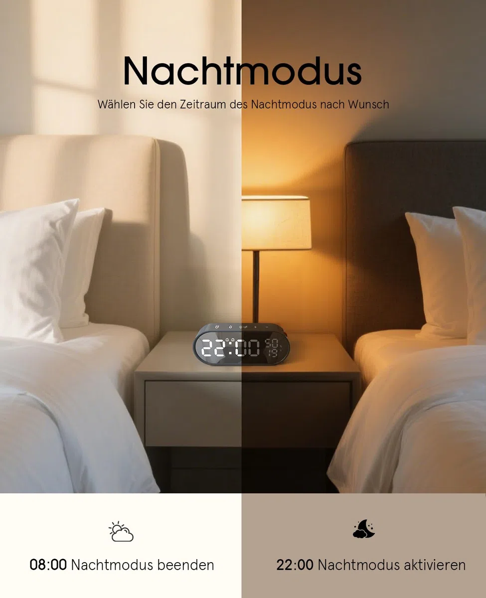 Digitaler Wecker mit LED Display, Touch Tasten, USB-Stromversorgung, Doppelalarm, Temperatur/Feuchtigkeitsanzeige, Helligkeitsregelung, Batteriebetrieben, Nachtlicht, Umweltdaten Beige