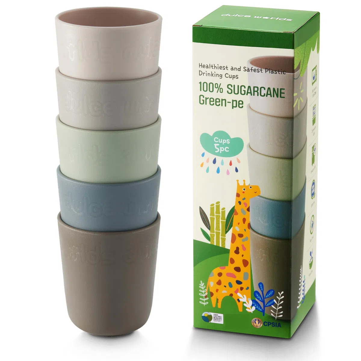 BIO ZUCKERROHR Kleinkindbecher 300 ml, 5 Stück - LFGB & USDA Zertifizierter Kinderbecher - BPA Frei - Spülmaschinenfest, Wiederverwendbar, Unzerbrechlich – Graublau