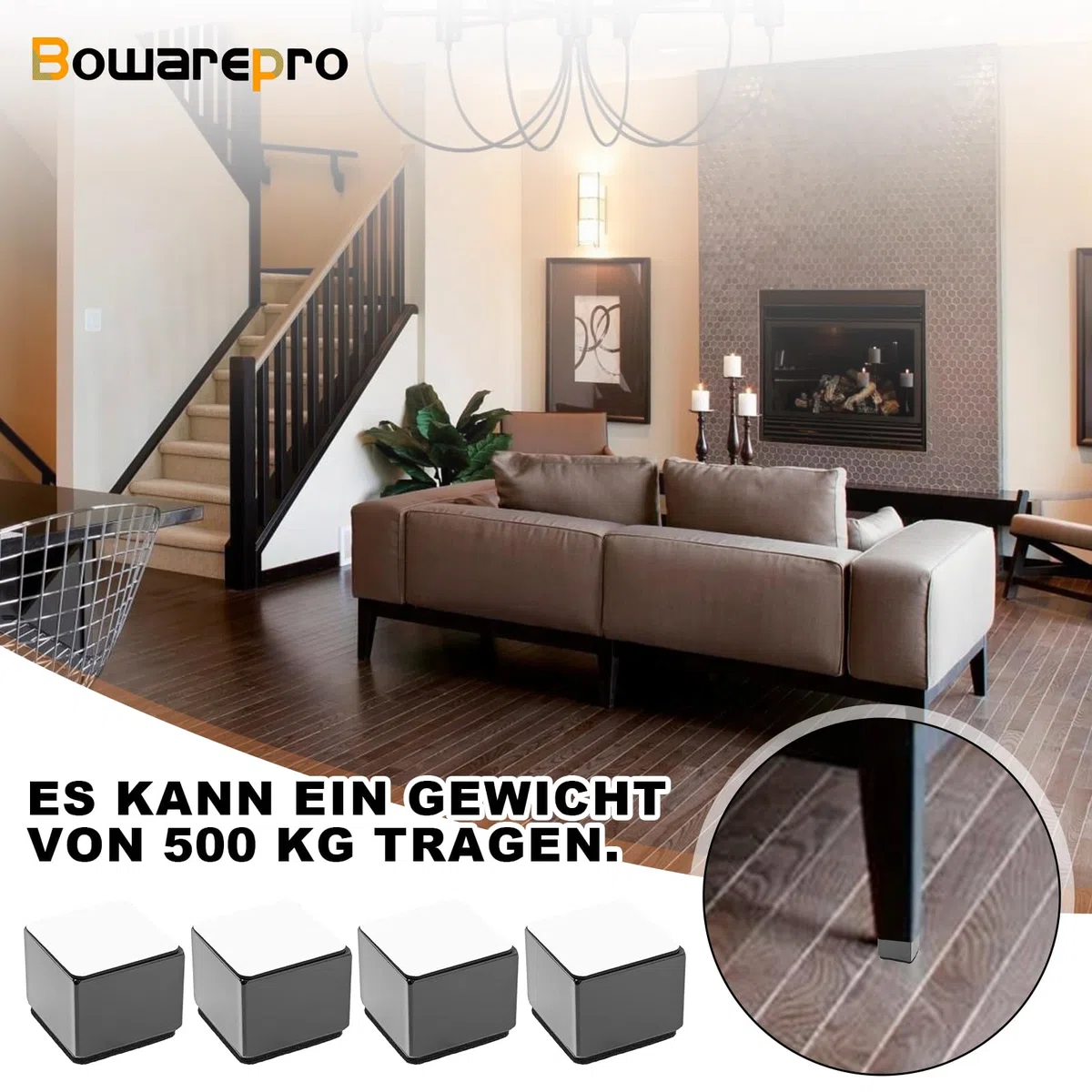 4 Stück Karbonstahl Möbelerhöhung 5 cm Hoch, Selbstklebende Möbelerhöhung, 60x52mm, Möbelfüße zum Kleben, Möbelerhöher für Sofa Tisch Schrank Bett Schreibtisch Erhöhung (Schwarz/Quadrat)