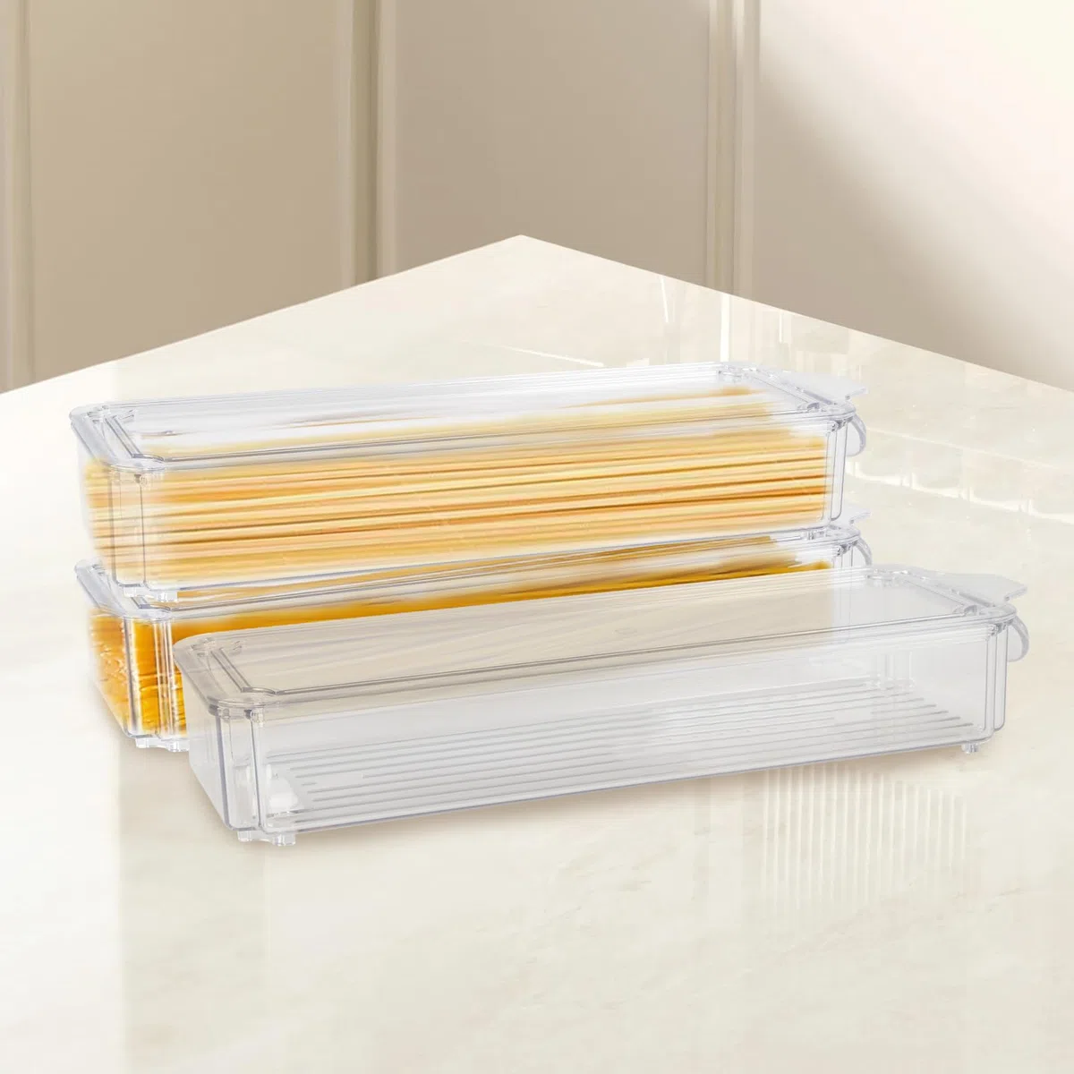 Spaghetti Aufbewahrung 3er Set 1,35 L, Vorratsdosen mit Deckel | Drei transparente Dosen für Spaghetti, Müsli und Snacks, luftdicht stapelbar mit Etiketten für Schrank oder Küchenregal
