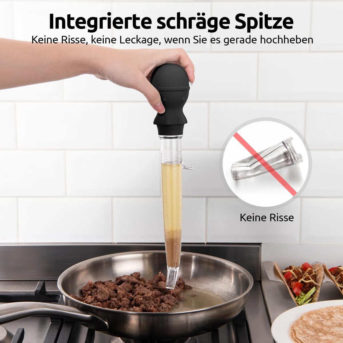 109℃ Hitzebeständige Große Abgewinkelte Bratenspritze: U-Taste Tritan Putenfleisch-Fettpipette mit Silikon Oktopus-Saugkopf und Reinigungsbürste zum Kochen Braten Begießen (1.5 OZ/44 ML, Schwarz)