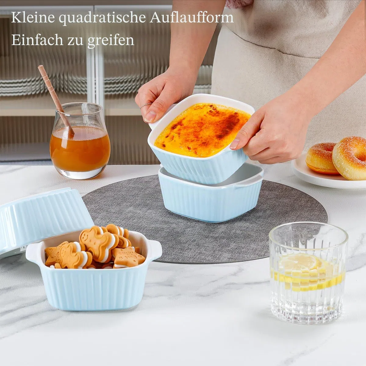 NUTRIUPS 13 Unzen Keramik-Auflaufformen-Set, 4er-Set, quadratische Auflaufformen, 400 ml kleine Auflaufform für den Luftfritteur, Keramik-Backgeschirr mit Griffen (Hellblau)