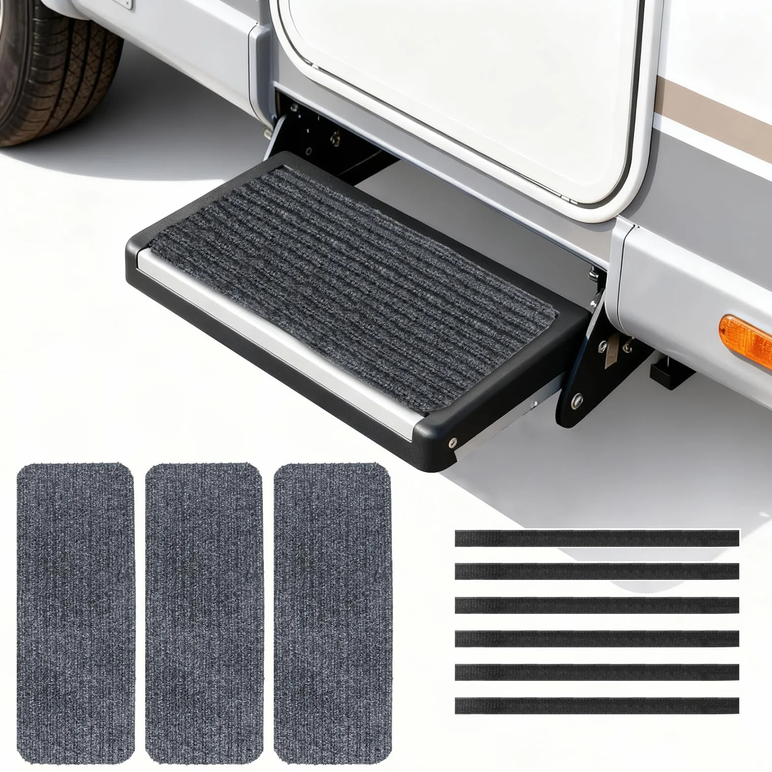 Teppich für Wohnmobil,3 Stück Fußmatte Wohnmobil,Wohnmobiltrittstufen Treppenstufenmatten,Wohnmobil Trittstufen Fußmatte für Außen Innen,Klettverschluss,rutschfeste Gummisohle,Grau