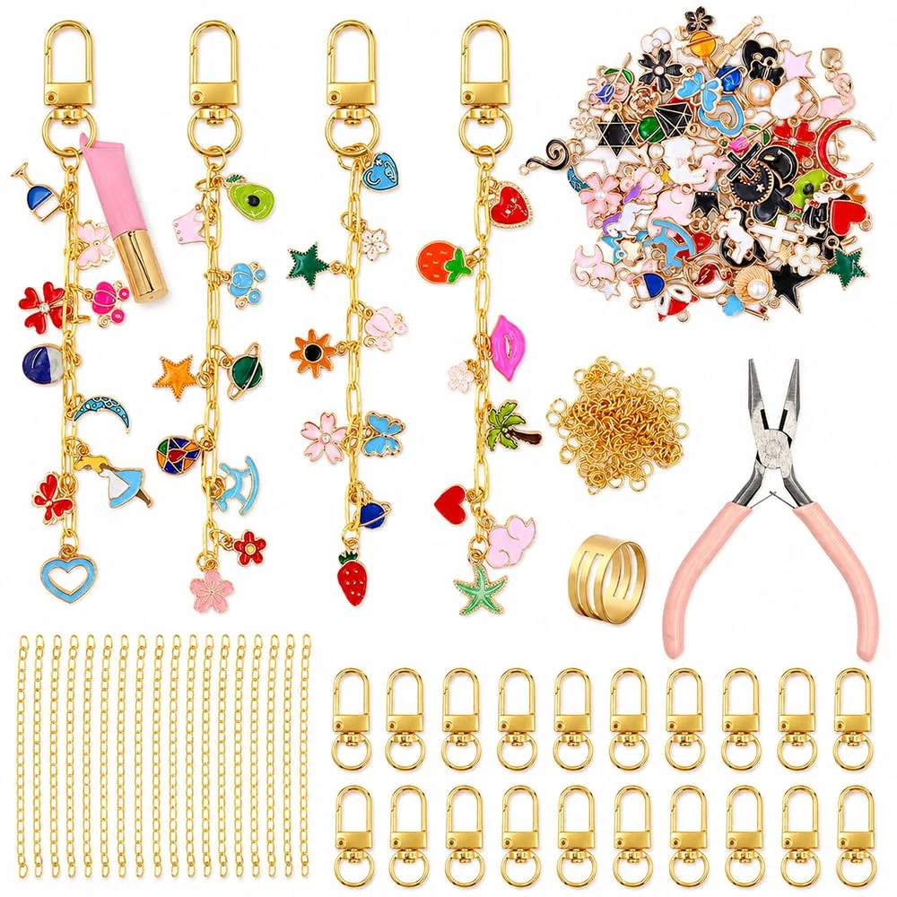 Gaiett 302 Pcs DIY Schlüsselanhänger Selber Machen, Anhänger Keychain Set inklusive 100 Charms, 20 Schlüsselanhänger Clips, 20 Verlängerungsketten, 160 Biegeringen und Schmuckzange