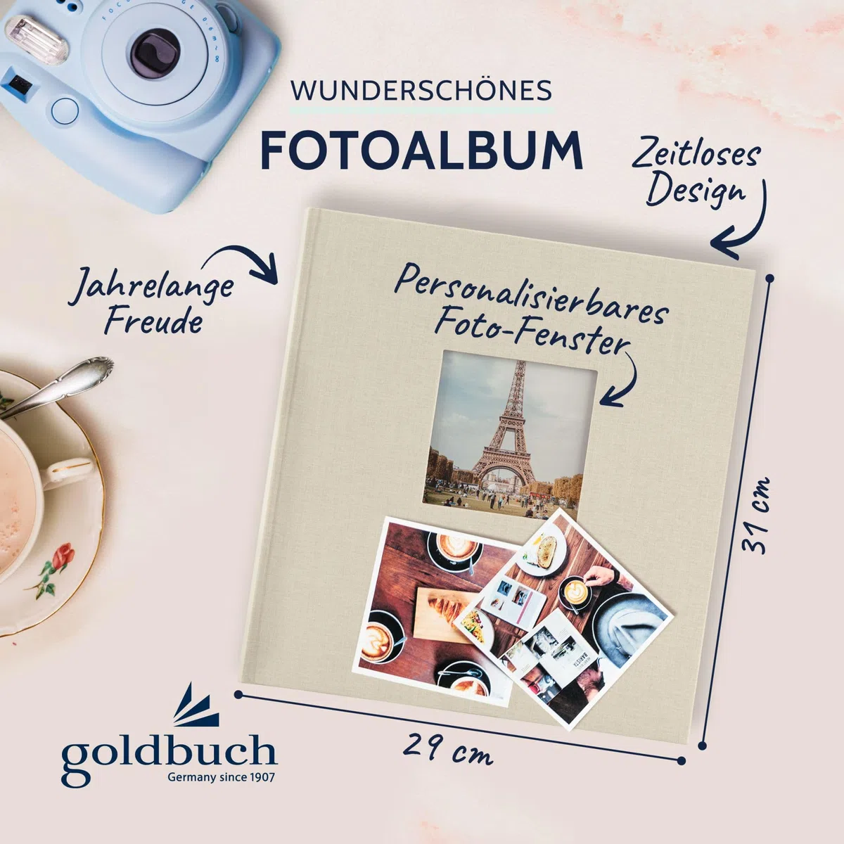 goldbuch 27 723 Bella Vista Fotoalbum mit Bildausschnitt Sandgrau, Erinnerungsalbum im Format 30 x 31 cm, Foto Album 60 weiße Seiten mit Pergamin-Trennblättern, Fotobuch mit Leineneinband, Grau