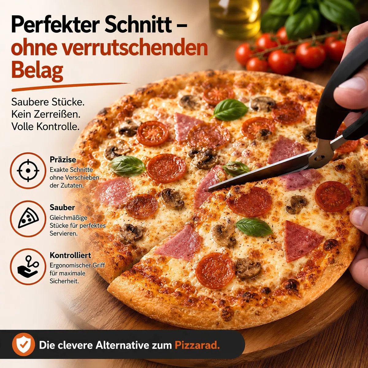 Pizzaschere aus Edelstahl, sehr scharfe Küchenschere für Pizza, geriebene Flambée und Kuchen, ergonomische, rutschfeste Griffe, spülmaschinenfest
