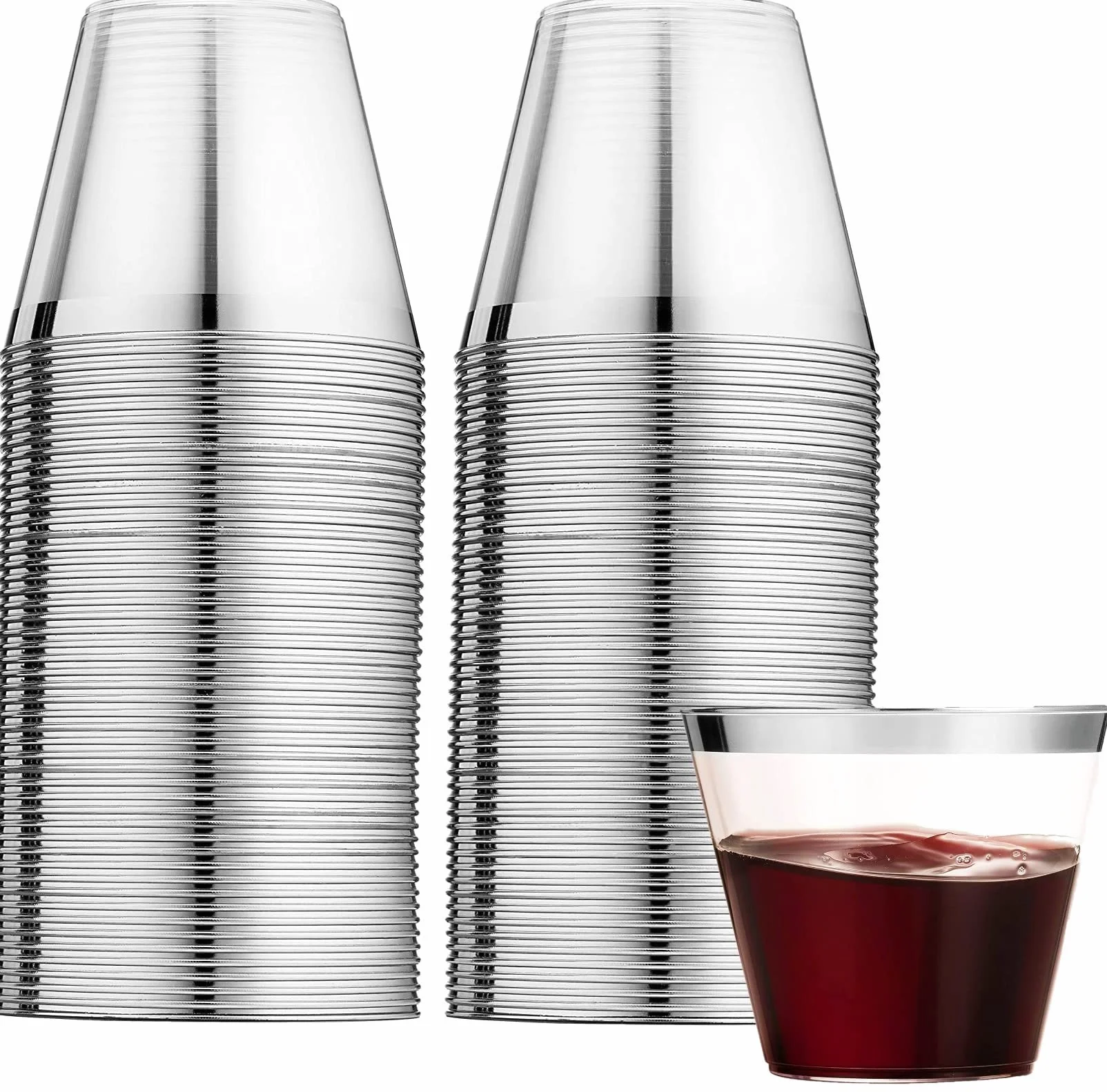 LATERN 60 Stück Plastikbecher mit Silberrand, 270ml Becher aus Kunststoff Wiederverwendbare Trinkbecher Elegante Party Weingläser für Champagner Bier Cocktail Martini Soda Dessert (8,9 x 7,1cm)