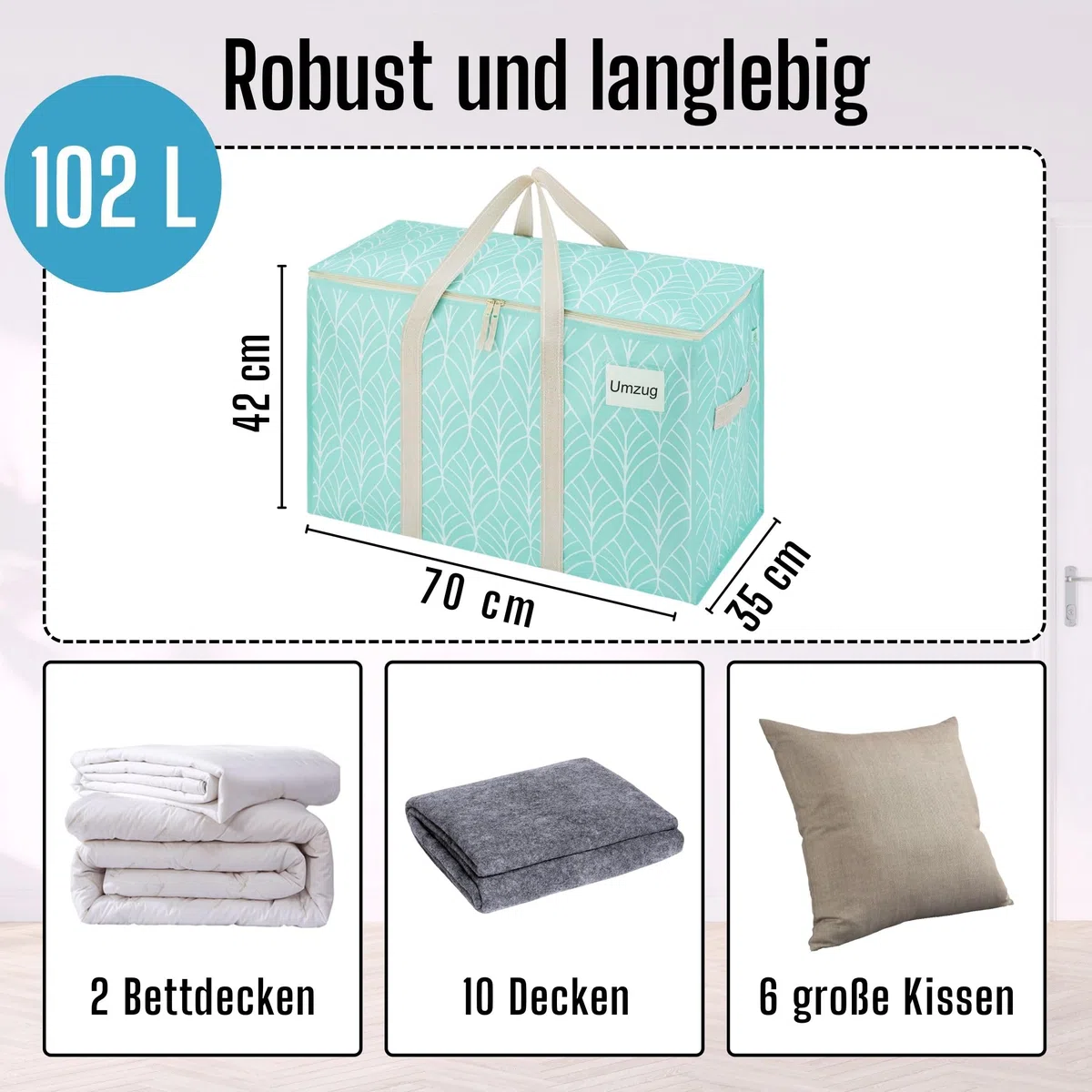 VENO 102 Liter Große Aufbewahrungstasche, Aufbewahrungsbox mit Deckel, Starke Griffe Umzugstaschen mit Reißverschlüssen, Alternative Umzugskartons, Faltbare Kleideraufbewahrung (Immergrün, 2er Pack)