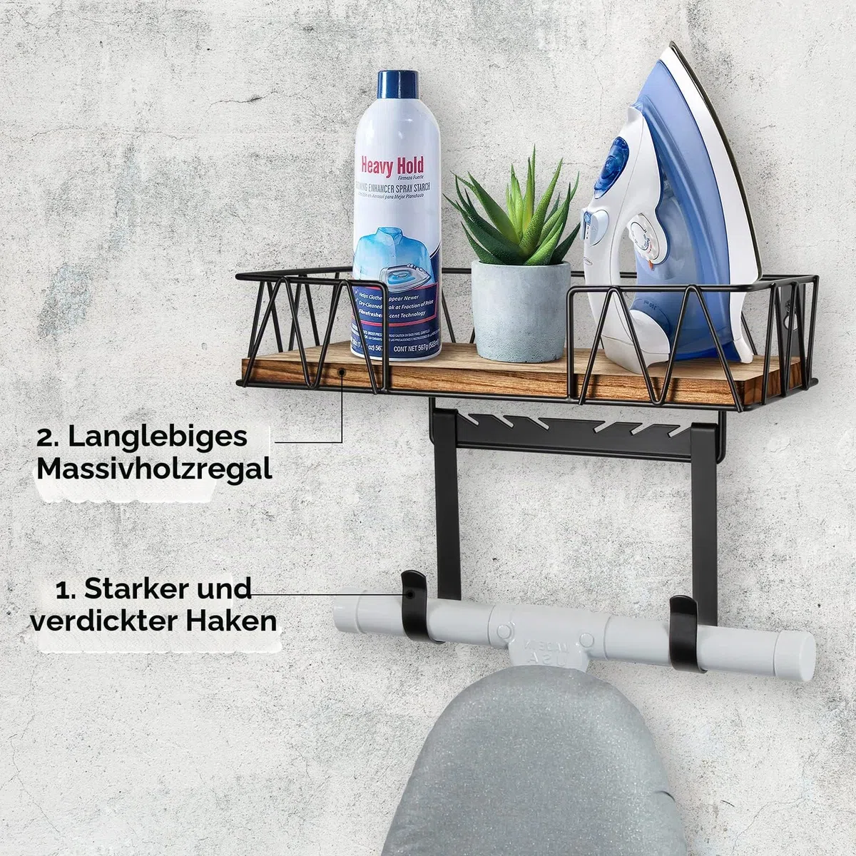 TJ.MOREE Bügelbretthalterung Wand | Bügelbrett Wandhalterung & Halter für Bügeleisen | Mit Holz-Korb & Haken zum Aufhängen von Bügelbrettern | Großzügiger Stauraum | Für T-/Y-Beine