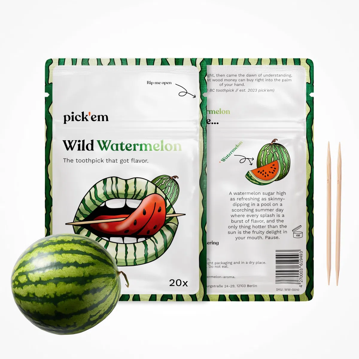 pick'em Zahnstocher mit Geschmack 6-Pack XXL [120x ZAHNSTOCHER MIT GESCHMACK] - Minze, Mango, Cola, Wassermelone, Pfirsich, Erdbeere - Zahnstocher mit Geschmack - aromatisierte Zahnstocher