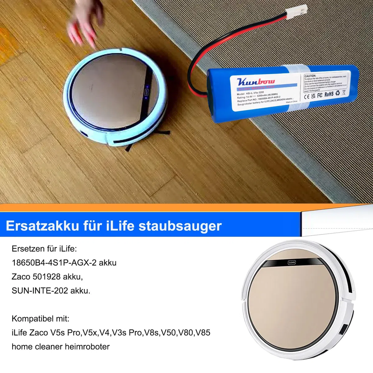 3200mAh Li-ion akku,Ersatzakku für iLife Zaco V5s Pro,V5x, V4, V3s Pro, V8s, V50, V80, V85 Home Cleaner Heimroboter, Ersatz für iLife 18650B4-4S1P-AGX-2 Akku.(14.4V / 46.08Wh)