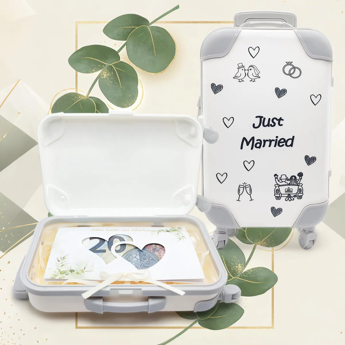 Dumeher Geldgeschenk Hochzeit Trolley Koffer Geldkoffer “Just Married” Hochzeitsgeschenke für Brautpaar Geldgeschenke Verpackung mit Geschenkbox und Geld Hochzeitskarte