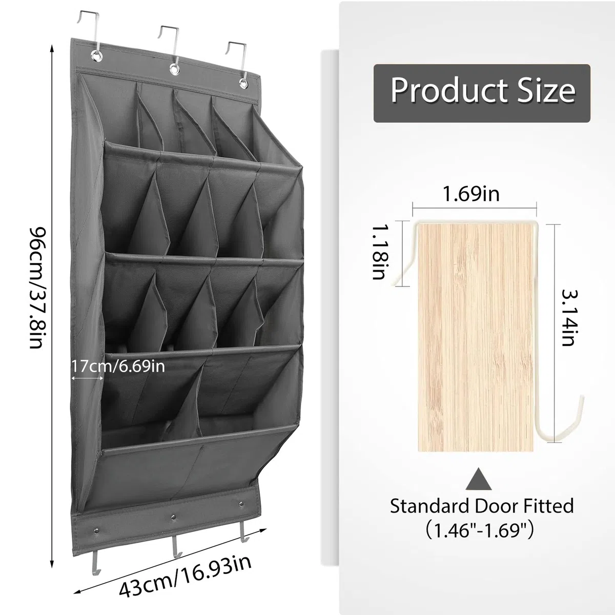 Schuhorganizer Hängend, Schuhaufbewahrung Tür mit 14 tiefen Taschen, Schuhregal Tür Hängend mit 3 Metallhaken und 3 Haken Selbstklebend für Schuhe, Wohnaccessoires (Grau 14 Raster)