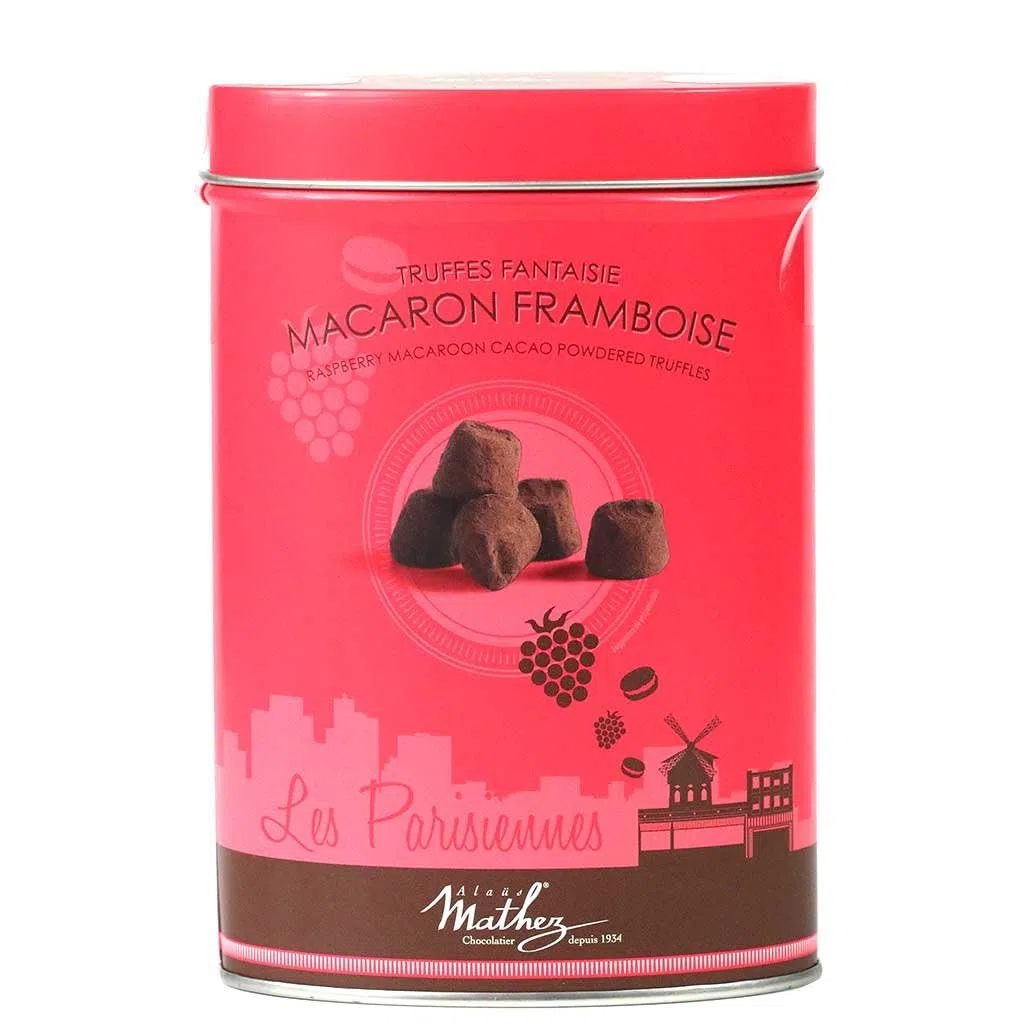 Mathez "Les Parisiennes" Trüffel mit Himbeer-Macarons in ovaler Metalldose