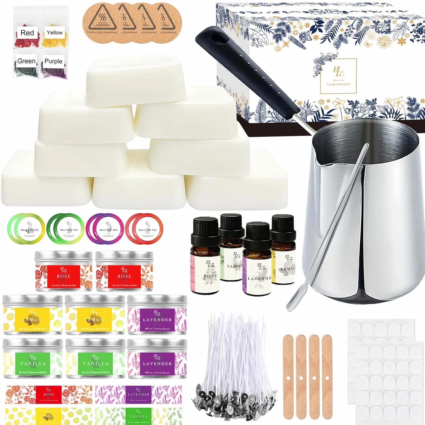 ETUOLIFE Kerzen Selber Machen Set,DIY Kerzenherstellung Kit,Duftkerze Geschenke Set mit 480g Sojawachs,Kerzen Schmelztopf,8 Kerzendosen,4 Duftöl,4 Farbblöcken,50 Candle Wicks Aufklebern,16 Stickers