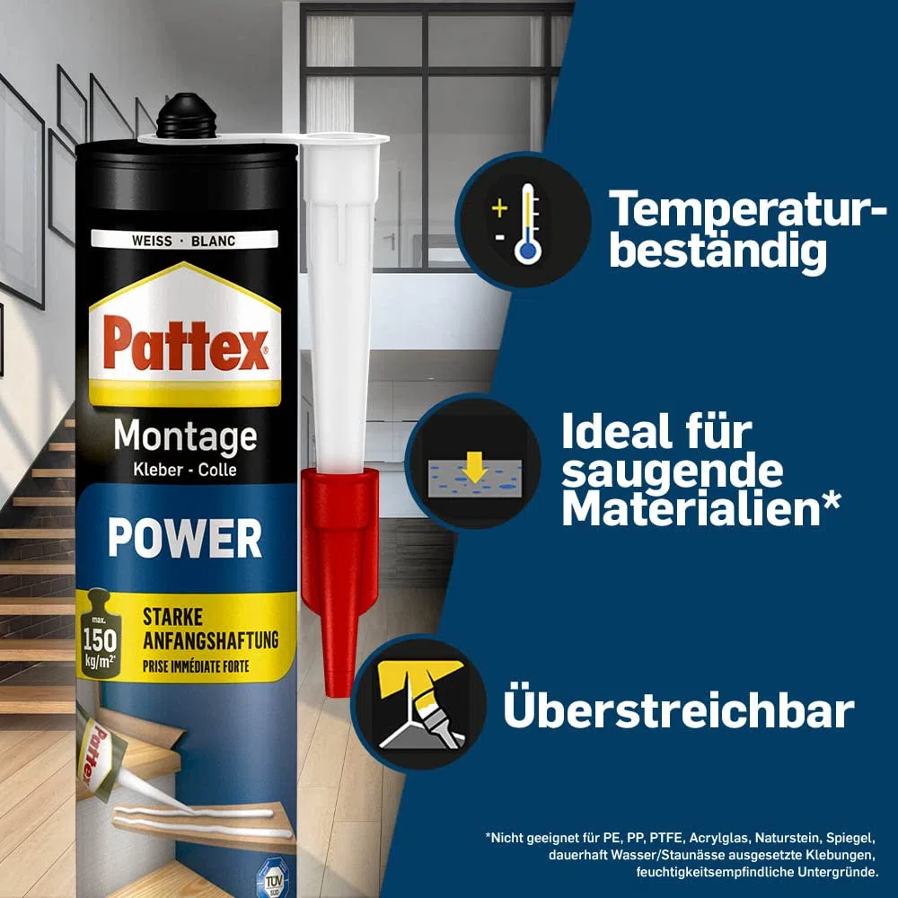 Pattex Montagekleber Power & Pattex Profi Metall Kartuschenpistole, aus Metall für Dicht- & Klebstoff-Kartuschen, Kartuschenpresse mit automatischem Nachlauf- und Schnellstopp, 1 Pistole