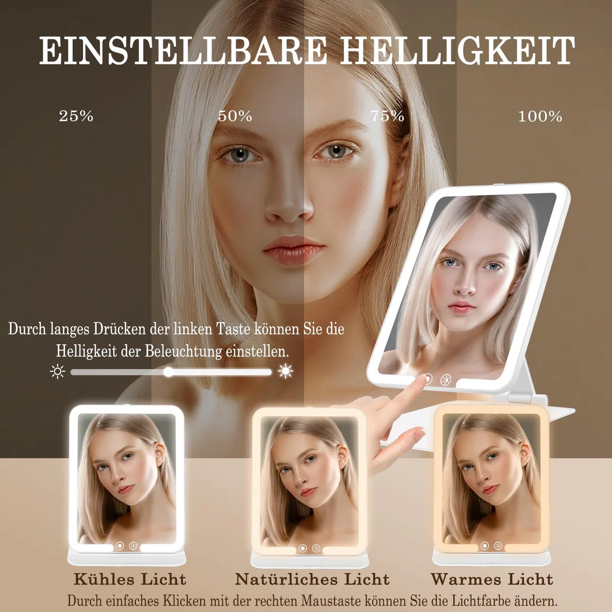Kosmetikspiegel mit Beleuchtetung, Wiederaufladbar Touchscreen Schminkspiegel, 3 Farben Dimmbarer Faltbar Tischspiegel, Ultraschlank Tragbarer Reisespiegel mit Licht