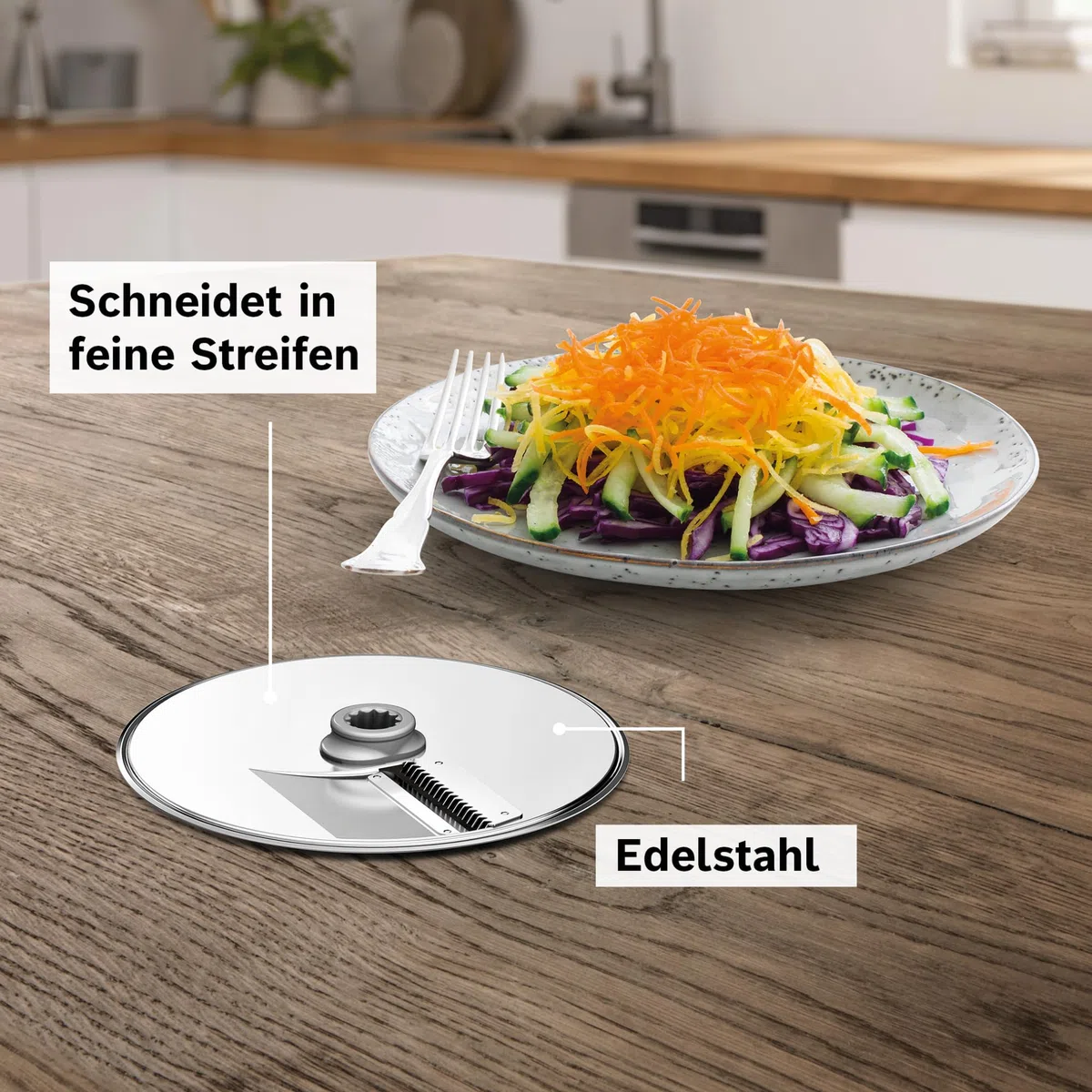 Bosch Asia-Gemüse-Scheibe MUZ9AG1, Zubehör passend für Küchenmaschine Serie 8, OptiMUM, für feine Gemüsestreifen, Durchlaufschnitzler notwendig, robust, Edelstahl, spülmaschinenfest
