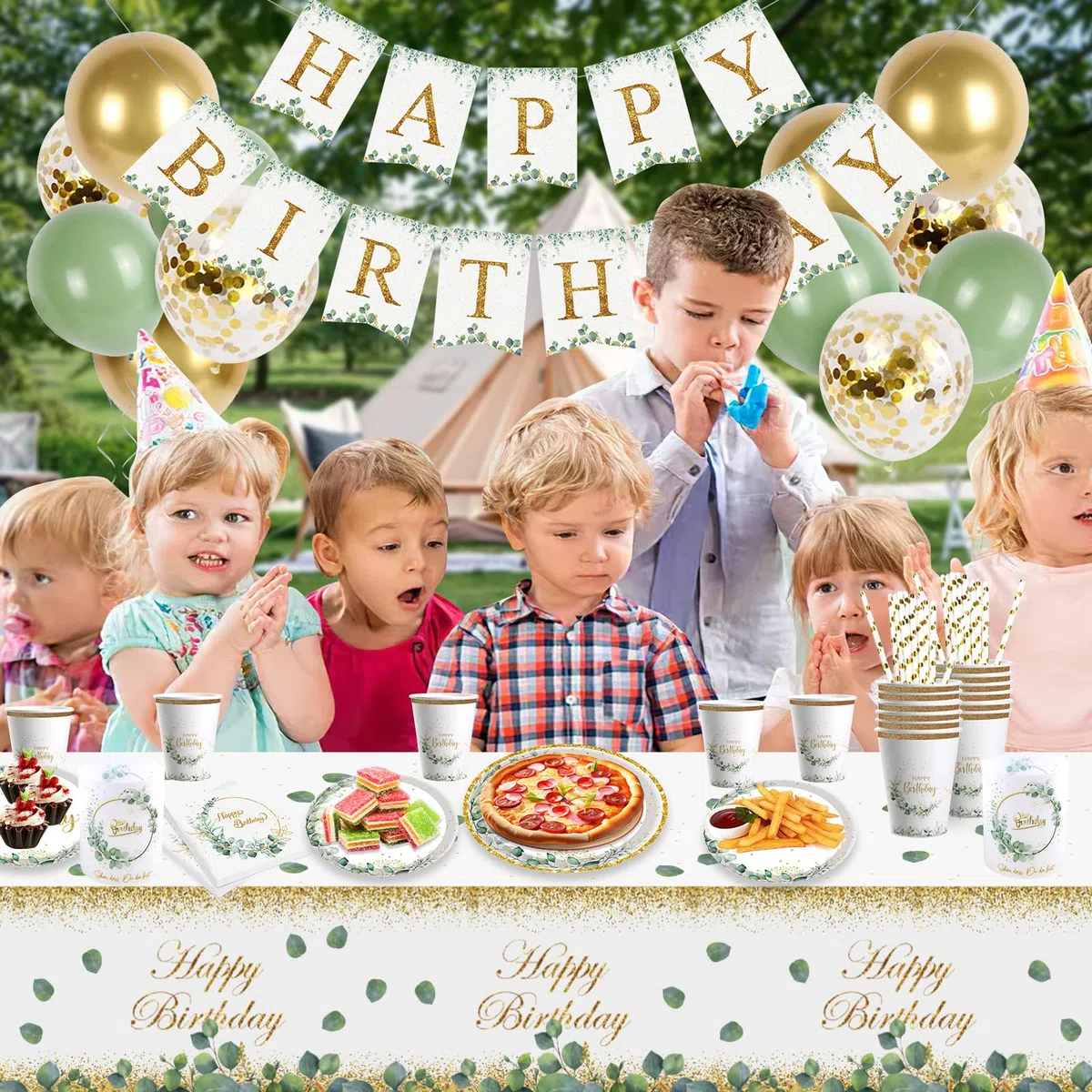 Geburtstagsdeko Teller Set, Eukalyptus Pappteller 116 Stück für 20 Gäste, Happy Birthday Geburtstag Deko Frauen, Grün Partygeschirr Set für Party Deko