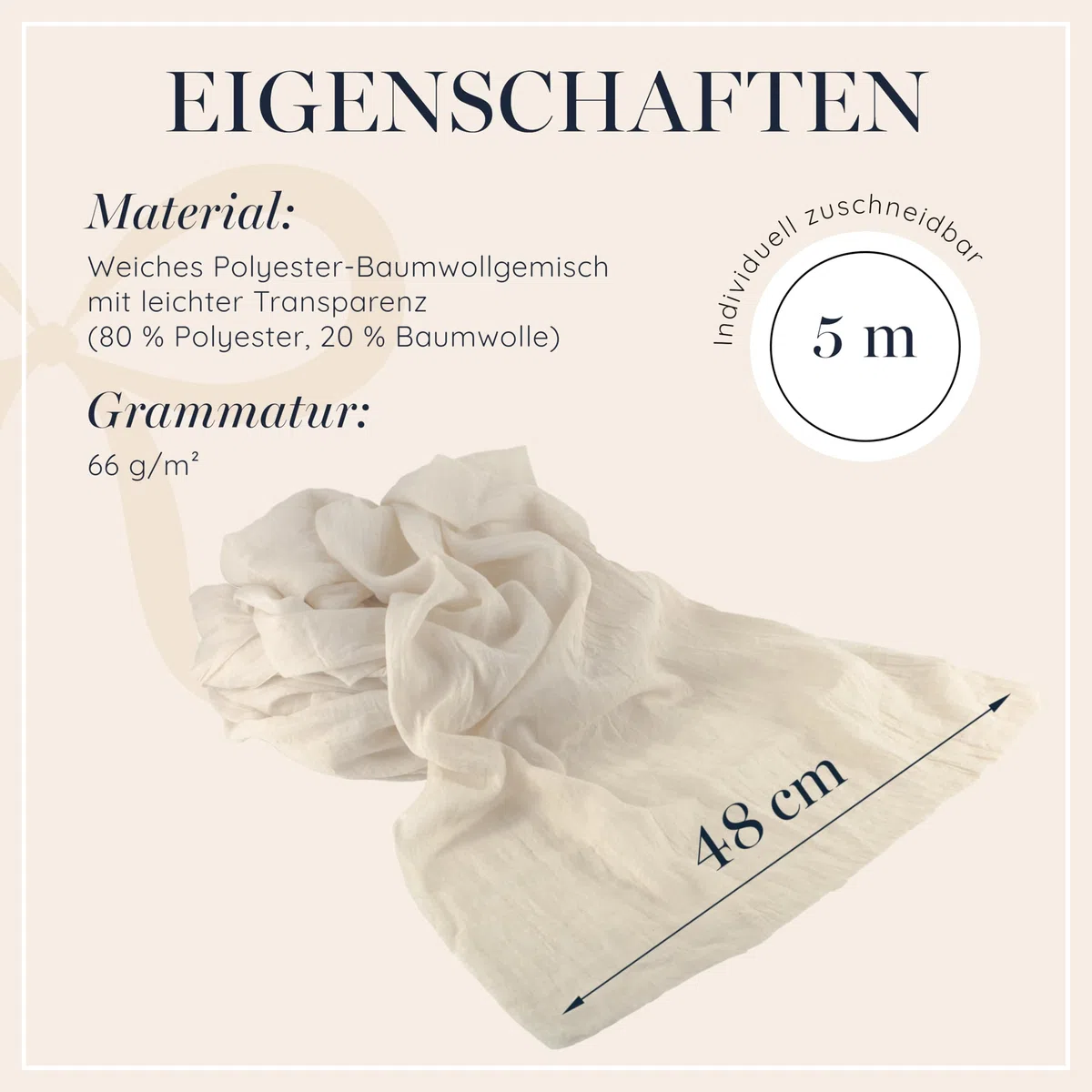 100%Mosel Musselin Dekostoff, in Natural Beige (48 cm x 5 m), 66 g/m², sehr dünner Tischläufer, zarte Tischdeko für Geburtstage & Hochzeiten, Tischband als Bunte Dekoration zu besonderen Anlässen