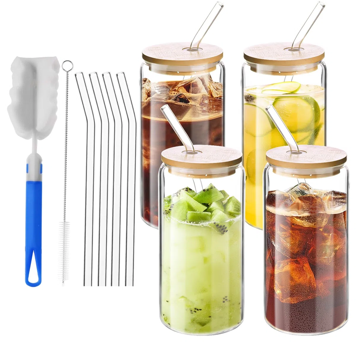 4 Stück Glas mit Deckel und Strohhalm, 500 ml/16oz Trinkglas mit Deckel, Iced Coffee Glas für Cocktails, Eiskaffee, Soda, Säfte