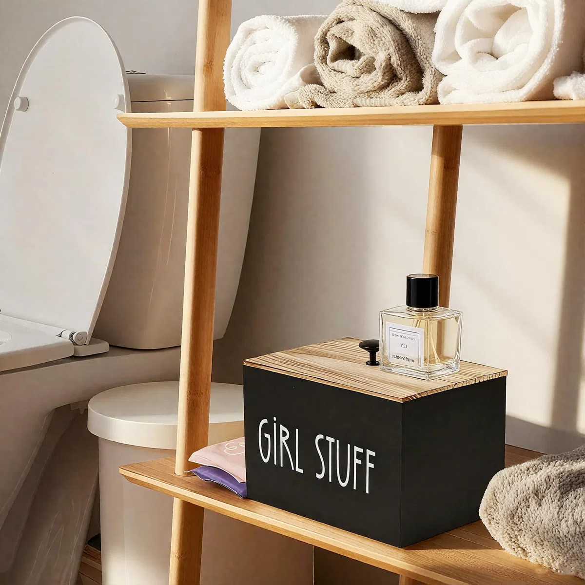 Tampon Aufbewahrungsbox 3 Fächer mit Deckel, Holz Slipeinlagen Box Organizer für Hygiene Artikel Tampons Binden Wattestäbchen inkl. Make-Up Tasche