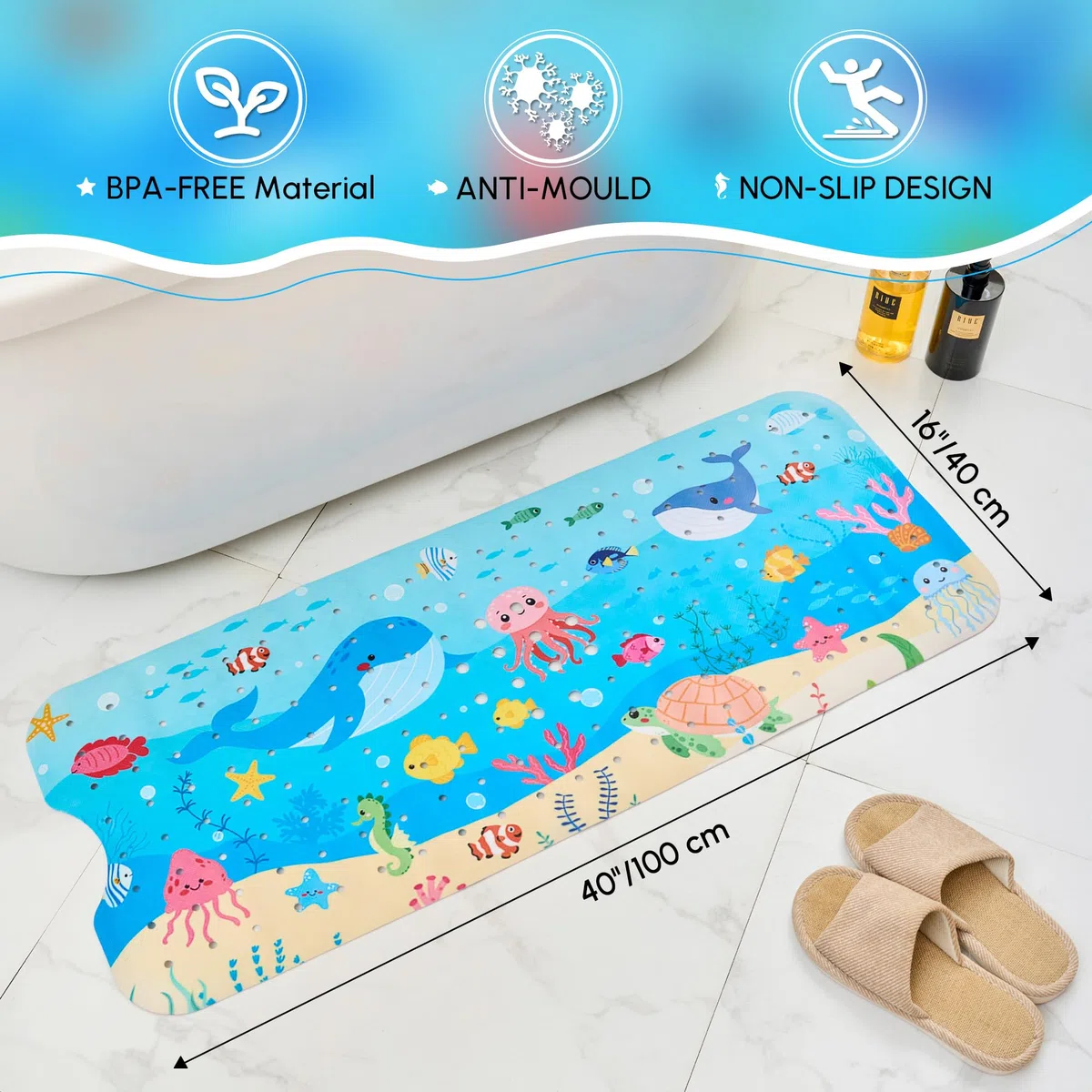 WELTRXE Badewannenmatten Rutschfest Kinder 100x40cm, BPA-frei PVC-Duschmatte mit Saugnäpfen, Antirutschmatte Badewanne, Maschinenwaschbar