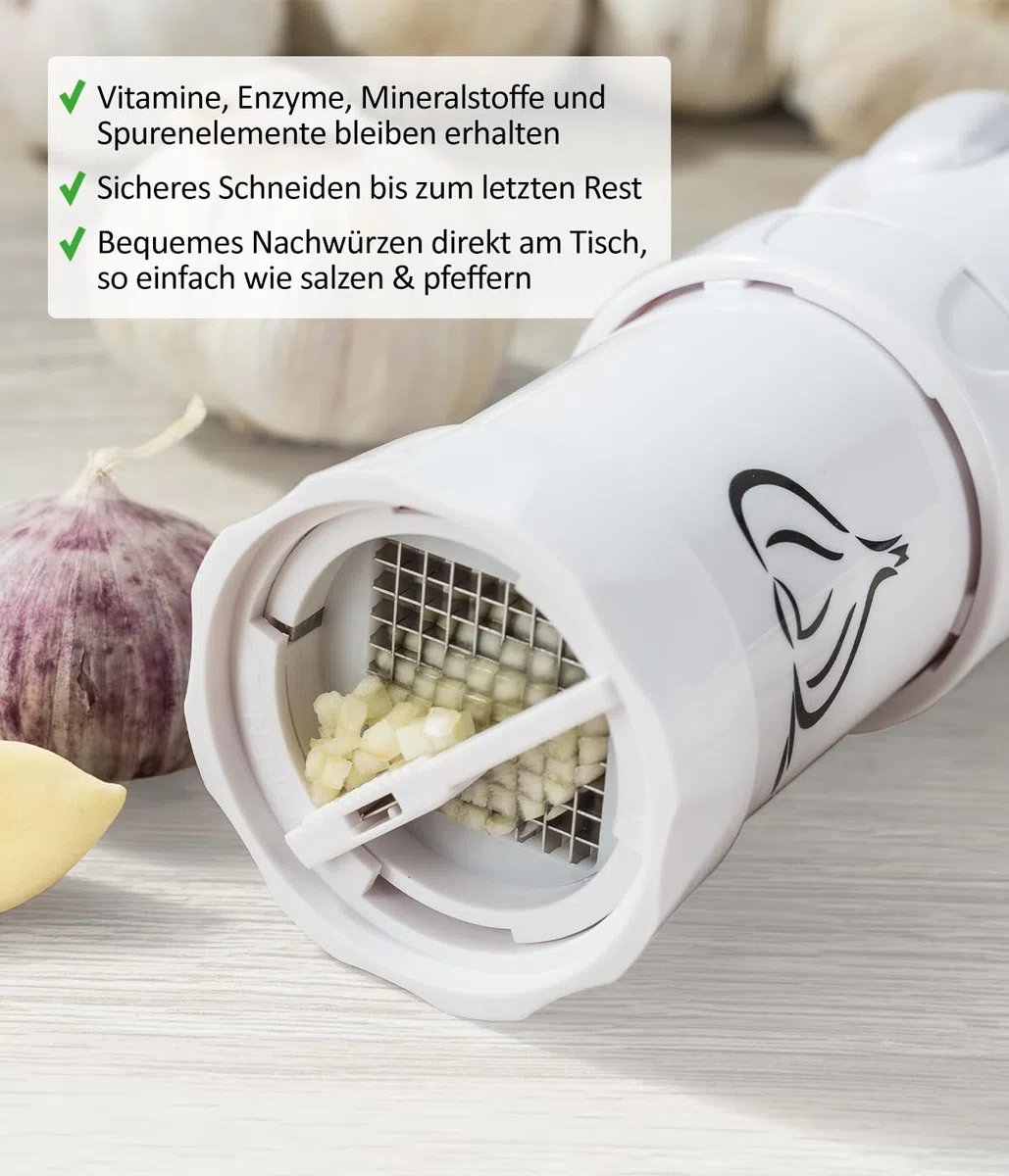 Genius Knoblauchpresse G5 3-tlg, Knoblauchschneider Garlic Press mit Auffangbehälter und Deckel, Knoblauch Crusher, Küchenschneider Spülmaschinenfest einfach zu reinigen, Weiß