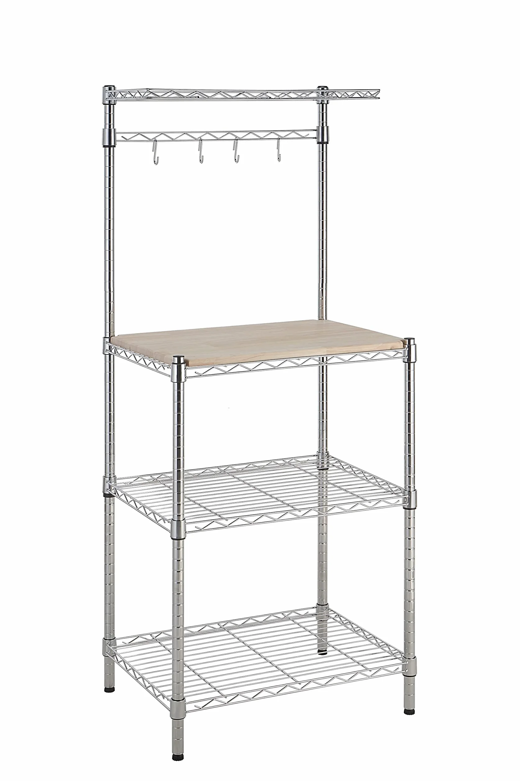 Amazon Basics 3 Küchenregal, Bäckergestell mit Holztisch, Chrom, Holz, 61 cm Chrome, Beige