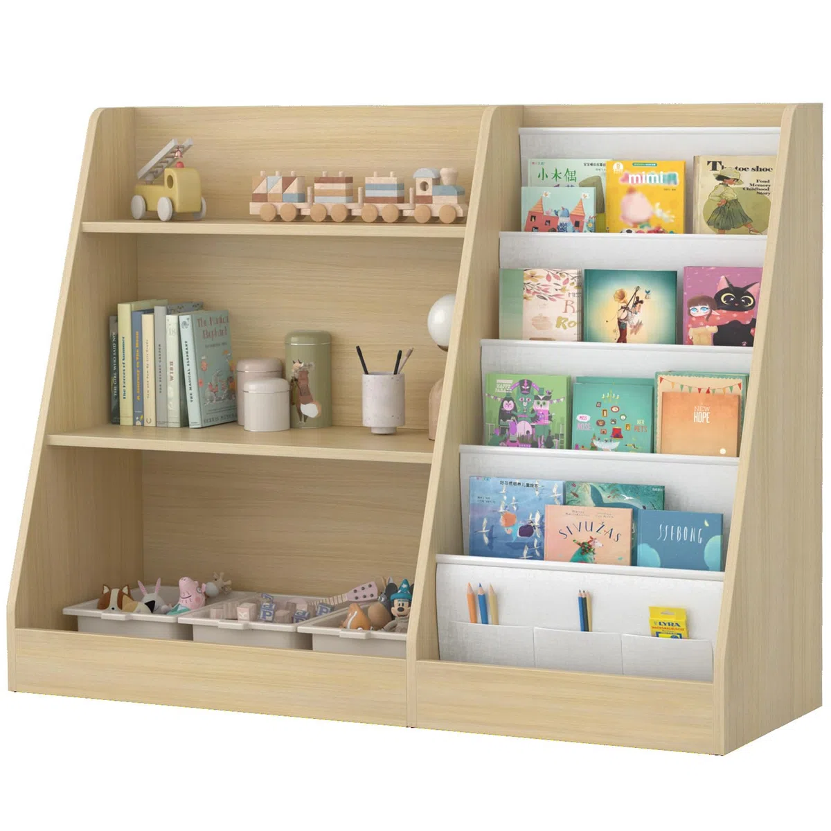 Kinderregal mit 4 Ablage und 3 offenen Fächern, Bücherregal für Kinder, Kinderzimmerregal, Bücherregal Aufbewahrungsregal für Kinder, Spielzeug-Organizer für Spielzimmer, 80 x 30 x 67.5 cm (Eiche)